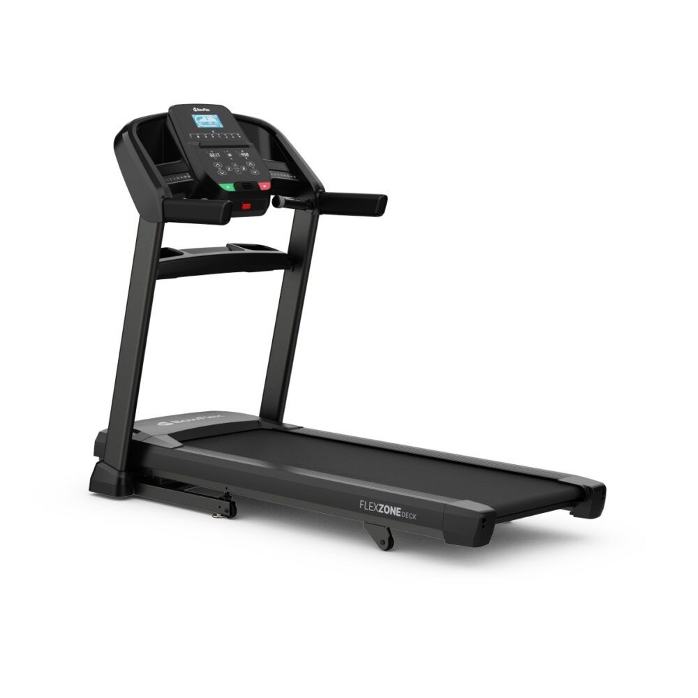 Schwarzes Laufband. Konsole mit Display und Bedienelementen. Flex Zone-Technologie. Armlehnen. Auf weißem Hintergrund.