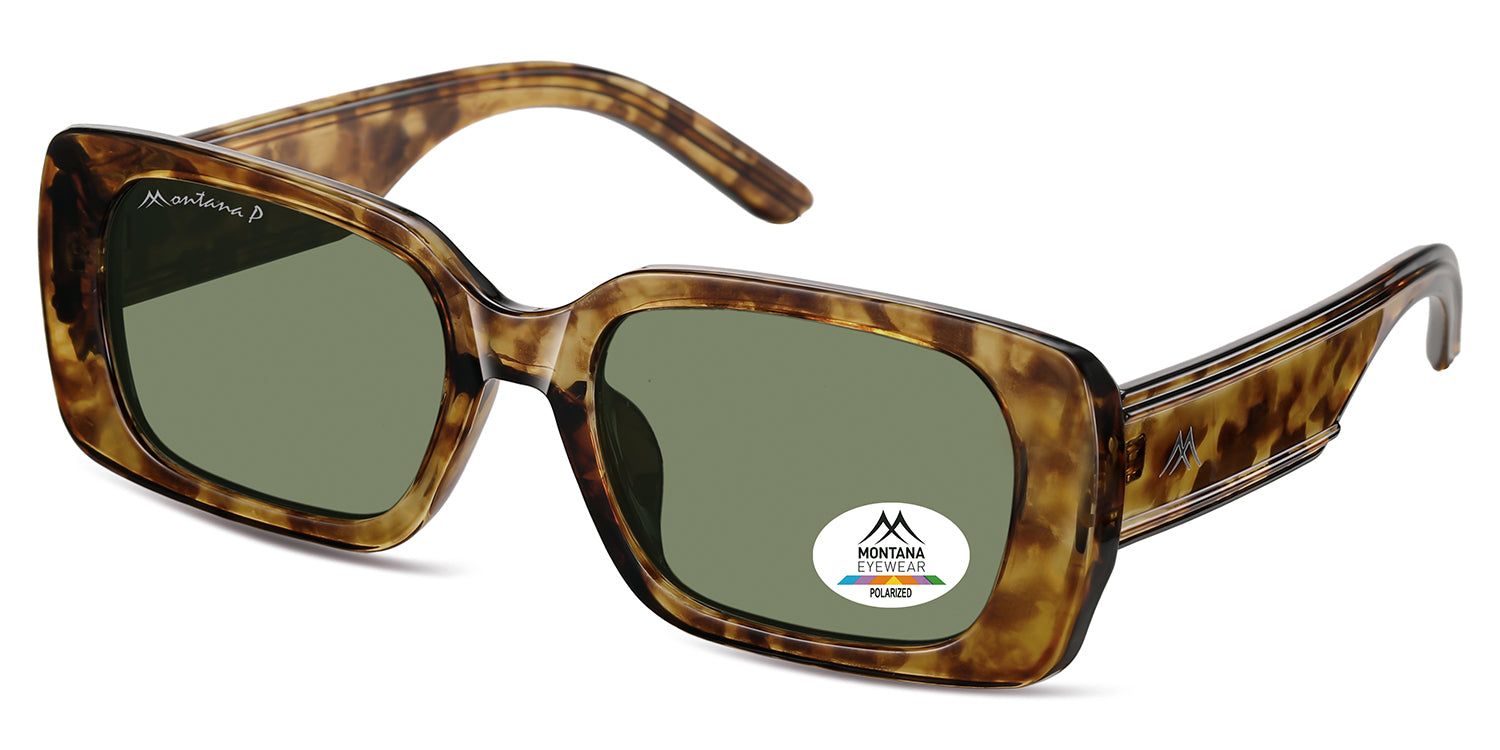 Sonnenbrille mit braunem Rahmen und grünen Gläsern. Montana Eyewear Logo und Polarized-Aufkleber. Perspektivische Ansicht.