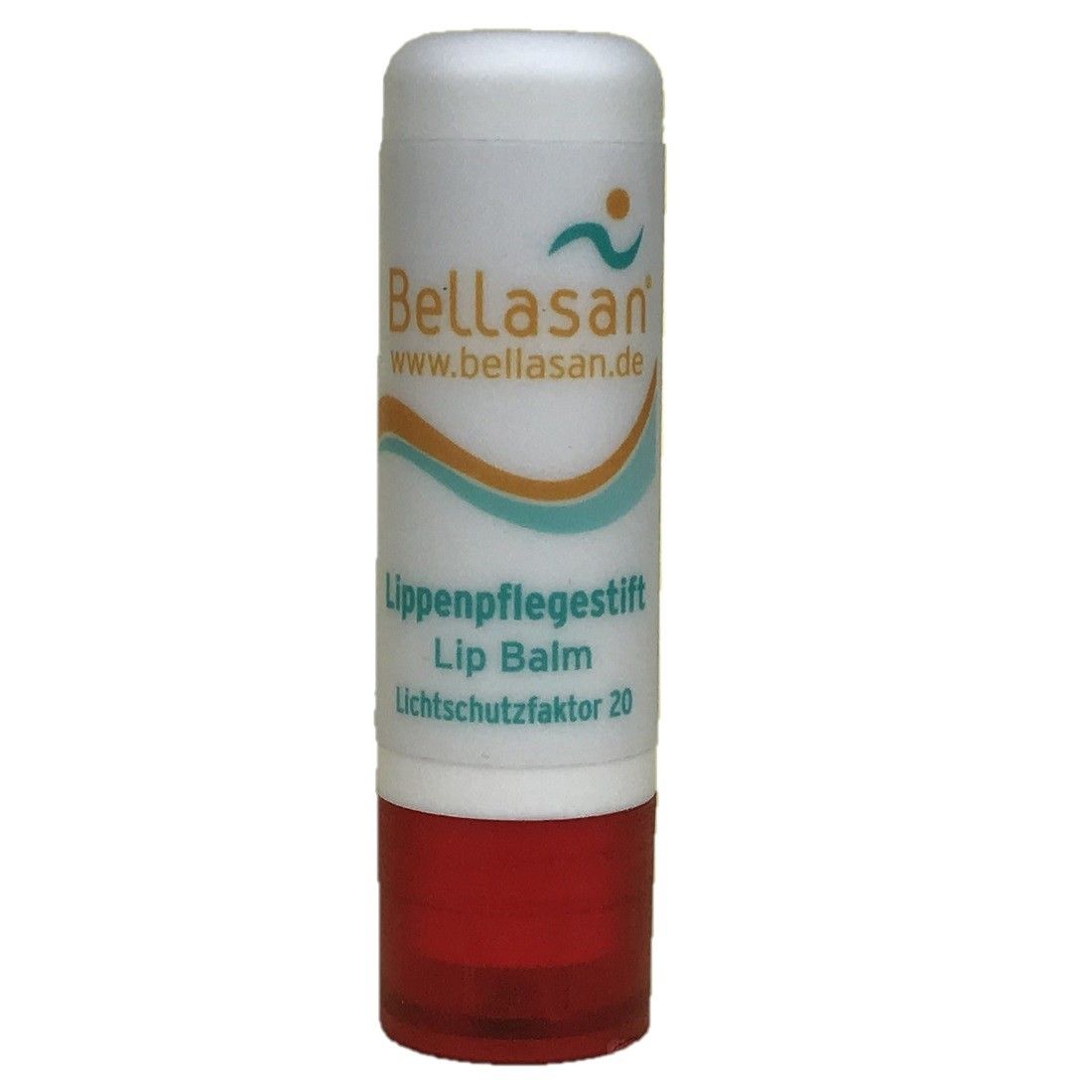 Bellasan® Lippenpflegestift, LSF 20. Weiße Hülle mit rotem Ende. Aufschrift: Lippenpflegestift, Lip Balm, Lichtschutzfaktor 20.