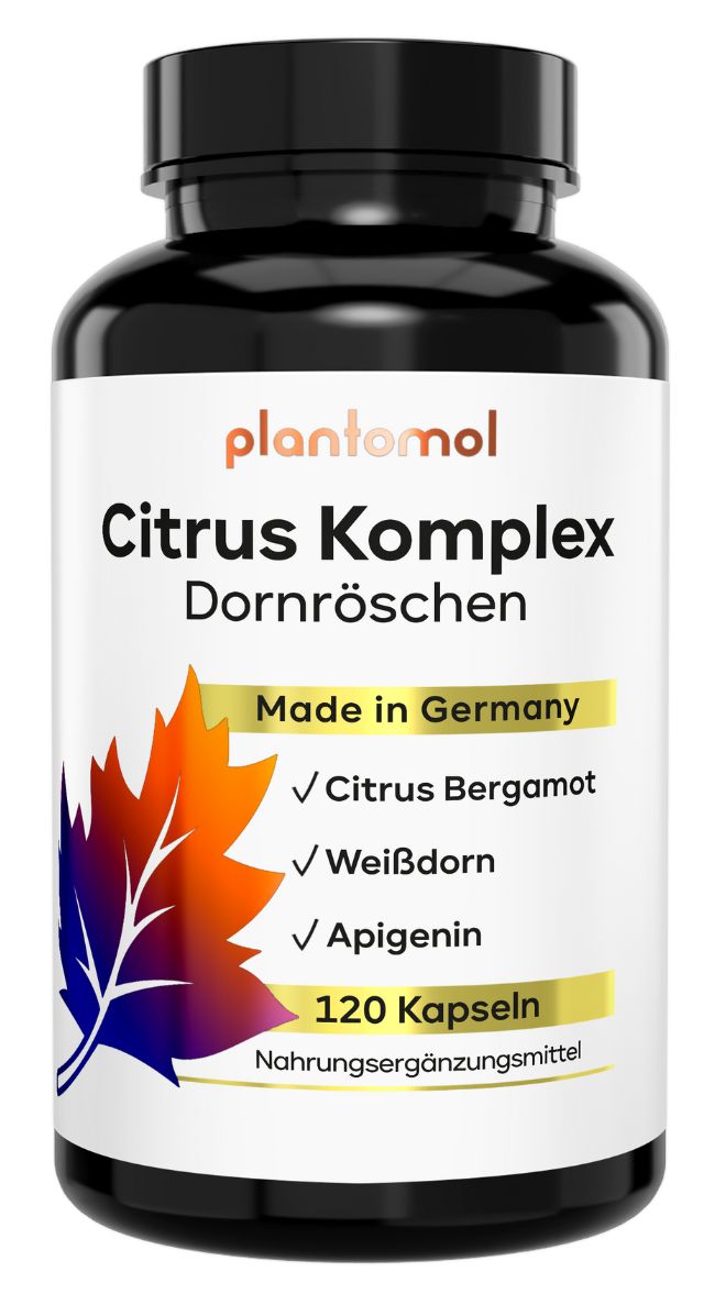 Braune Kapsel-Dose mit weißem Etikett. Aufschrift: plantomol, Citrus Komplex Dornröschen, 120 Kapseln. Made in Germany.