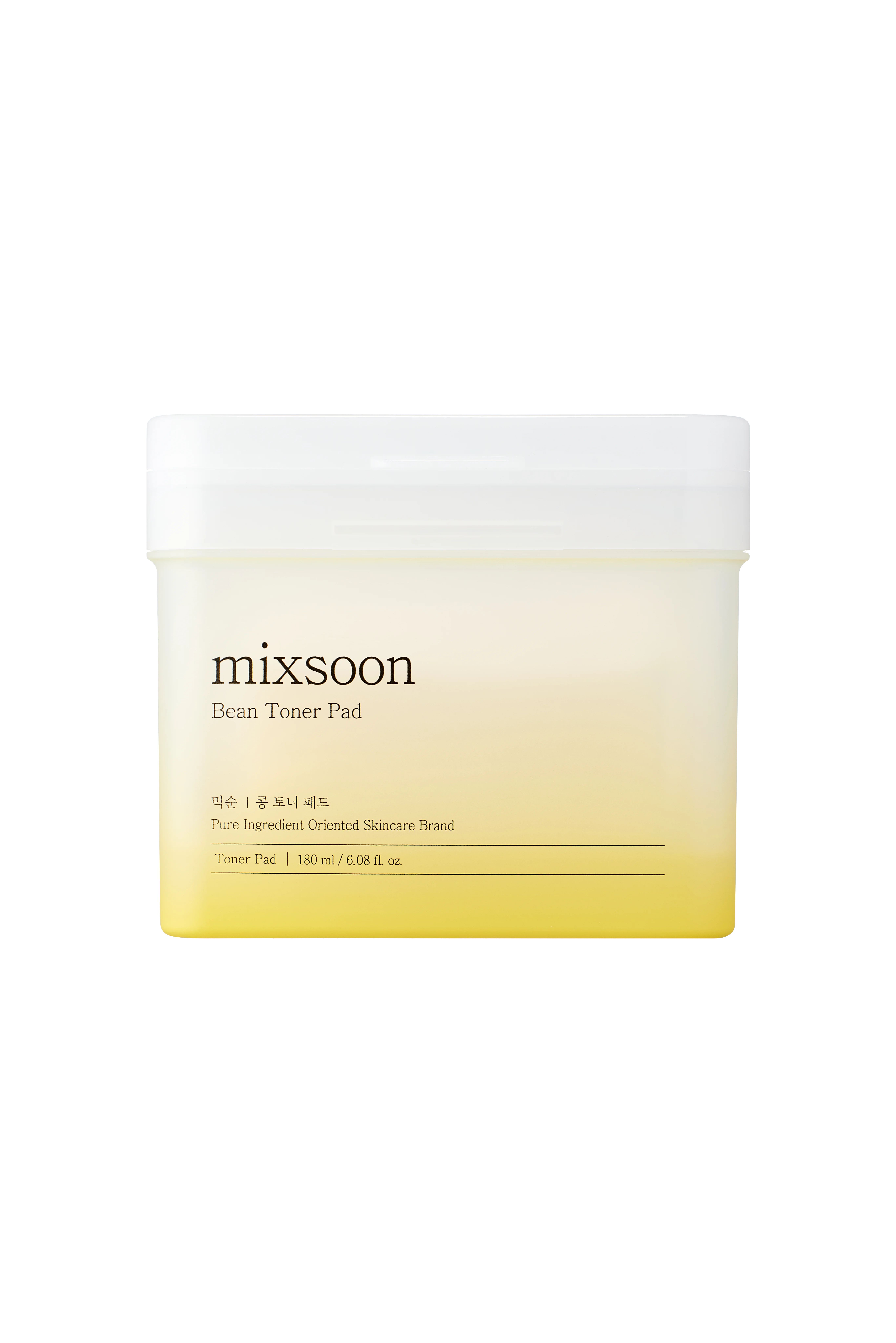 Behälter mit "mixsoon Bean Toner Pad". Weißer Deckel, gelb-transparenter Behälter. Produktname und Details auf der Vorderseite.