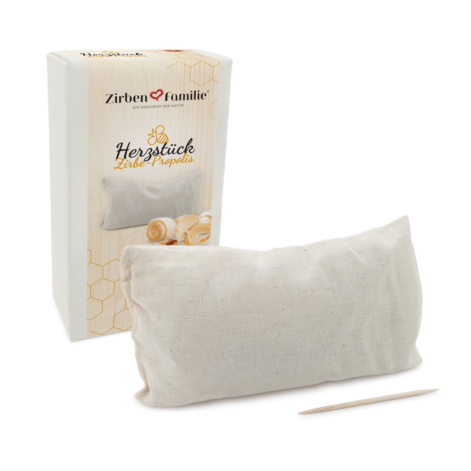 Produktverpackung und Kissen. Verpackung mit Logo und Produktname. Kissen daneben, Holzstäbchen.