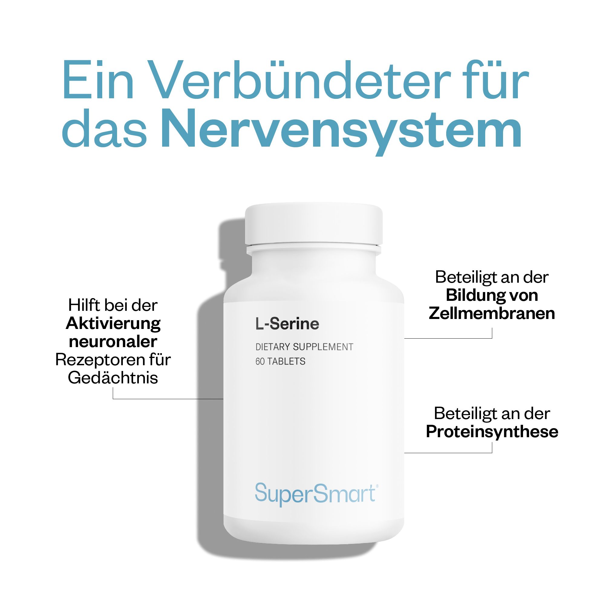 Weiße Flasche mit L-Serin-Tabletten. Text: L-Serine, 60 Tablets, SuperSmart. Beschriftungen: Nervensystem, Zellmembranen, Proteinsynthese.