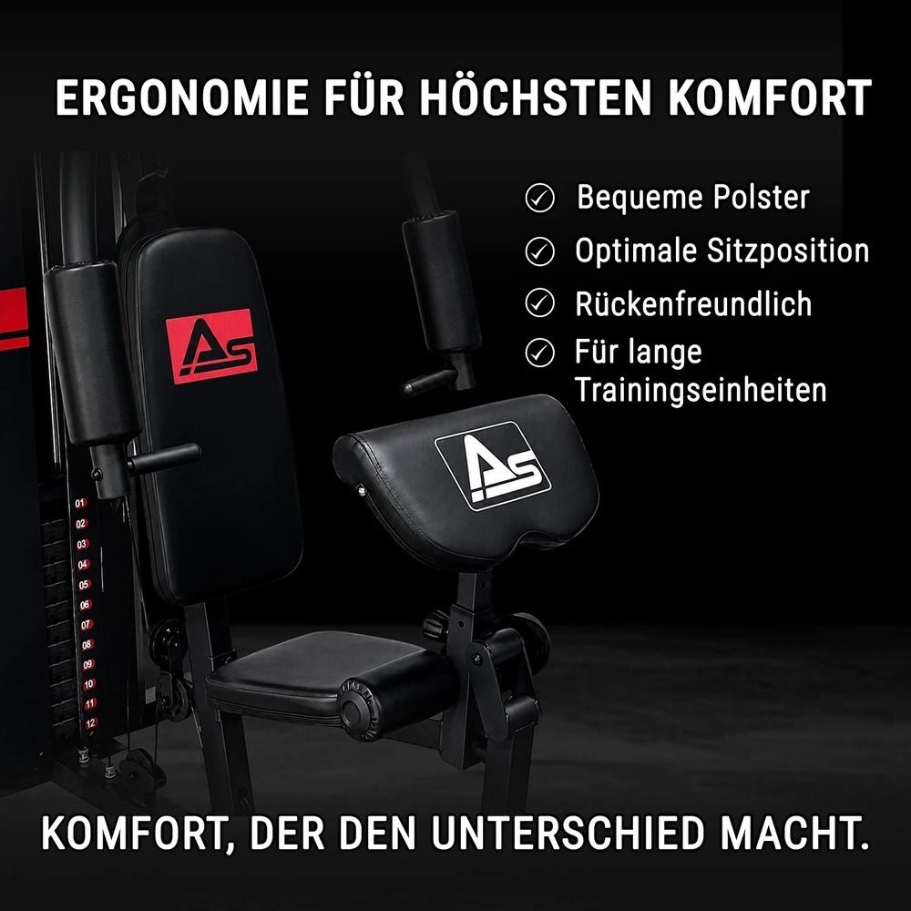 Ergonomischer Sitz der AsVIVA Kraftstation MG5 mit bequemer Polsterung für Komfort.
