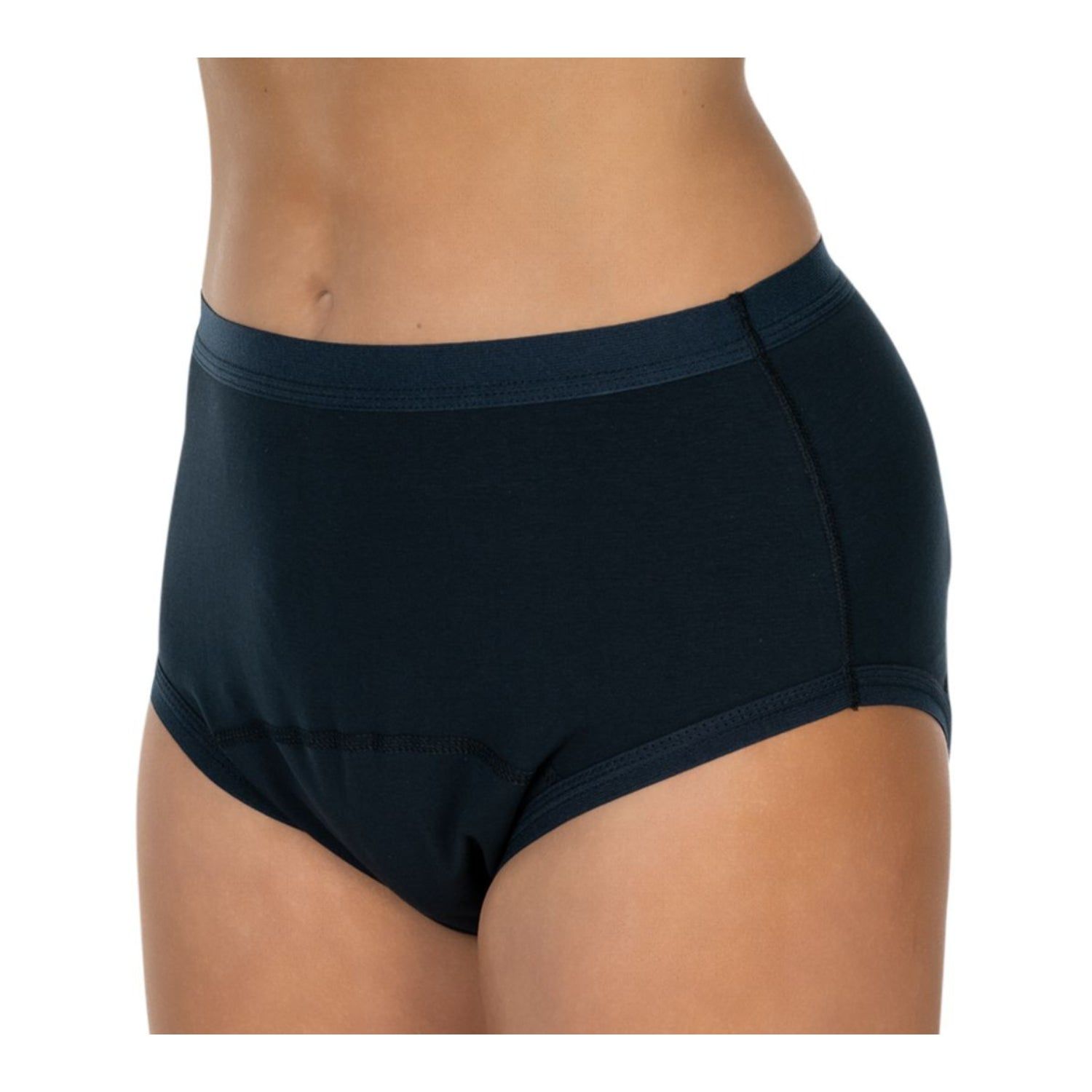 Dunkelblauer Slip, Seitenansicht. Schwarzer Bund. Mittlere Blasenschwäche.