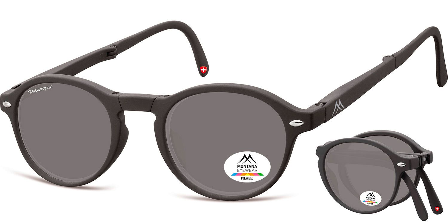 Faltbare Sonnenbrille, Montana Eyewear. Runde, graue Gläser, schwarzer Rahmen. Logo und Polarized-Aufkleber. Schweizer Kreuz am Bügel.
