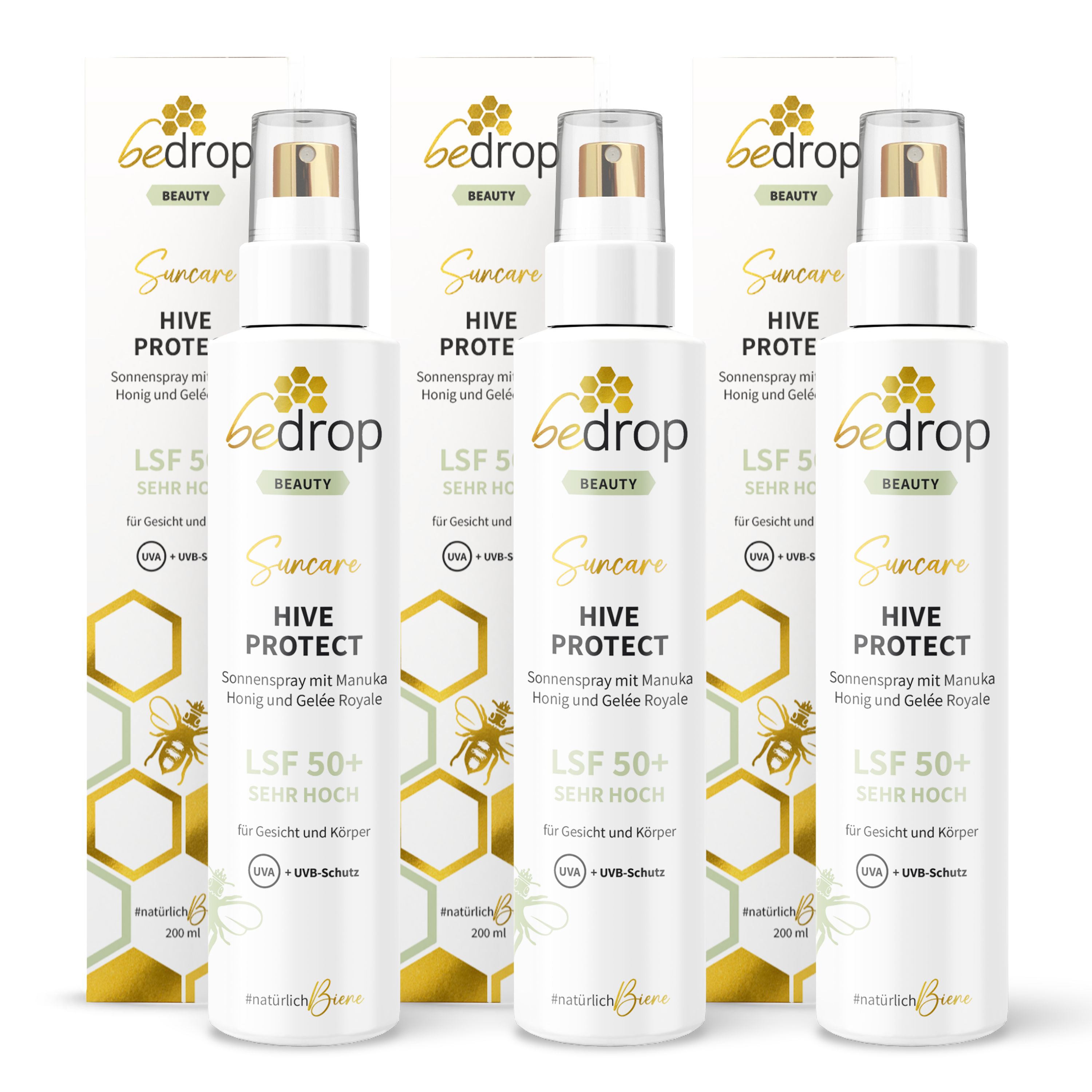 Vorteilsset: 3x Hive Protect LSF 50+ - Sonnenspray mit Manuka Honig und Gelée Royale 3x200 ml Sonnenschutzcreme