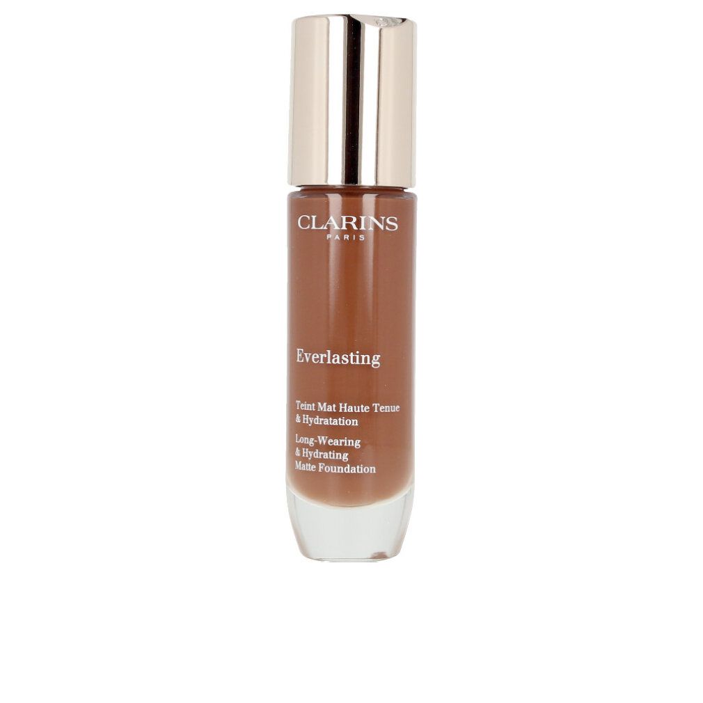 Flakon Foundation. Braune Flüssigkeit, goldfarbener Deckel. Schriftzug: Clarins, Everlasting, Teint Mat Haute Tenue & Hydratation.