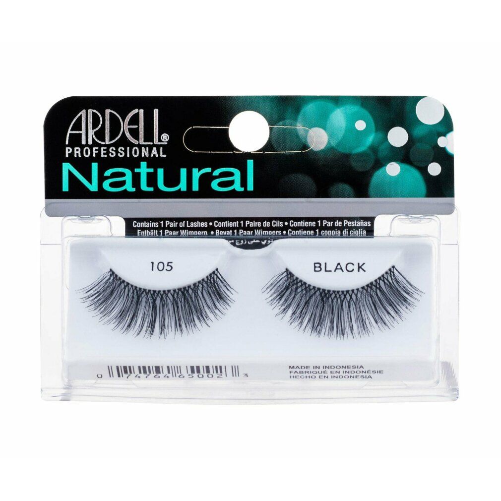 Ardell Fashion Lashes - 105 Black. Schwarze Wimpern in transparenter Verpackung. "Natural" und "Black" Schriftzug.