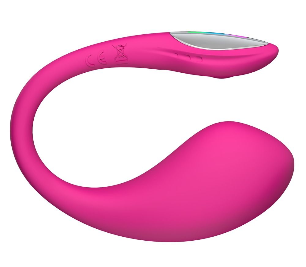 Rosa Vibrator, gebogene Form, farbiges Licht an der Spitze. CE-Kennzeichnung.