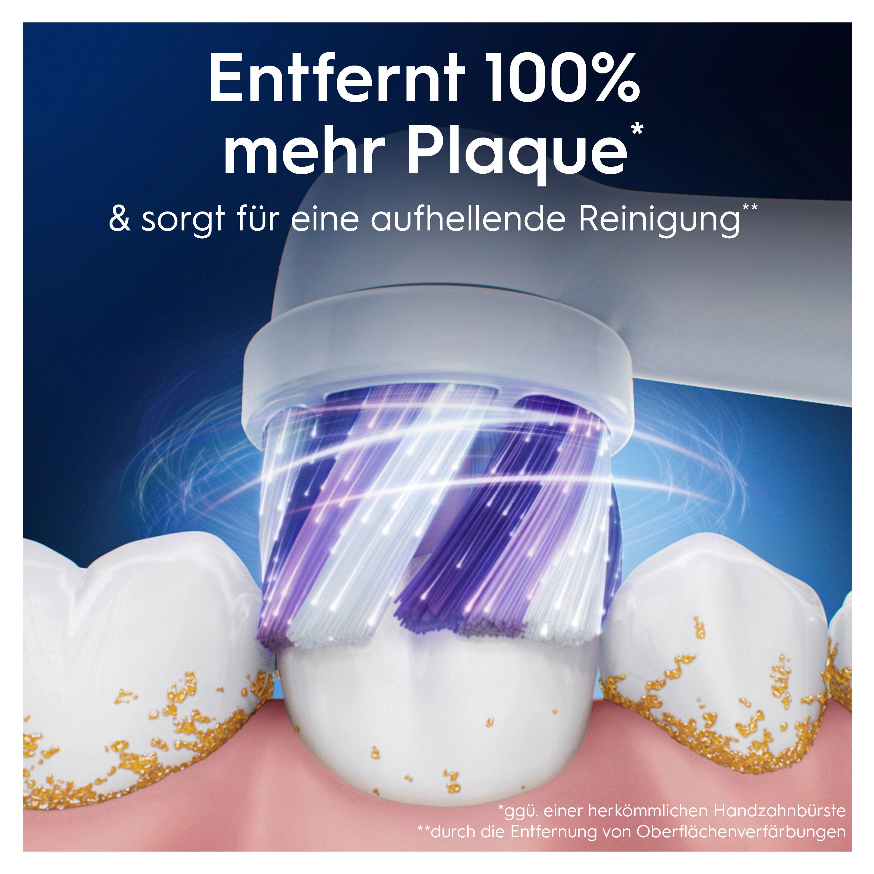 Nahaufnahme einer iO-Zahnbürste mit lila und weißen Borsten, die Zähne reinigt. Text: Entfernt 100% mehr Plaque.