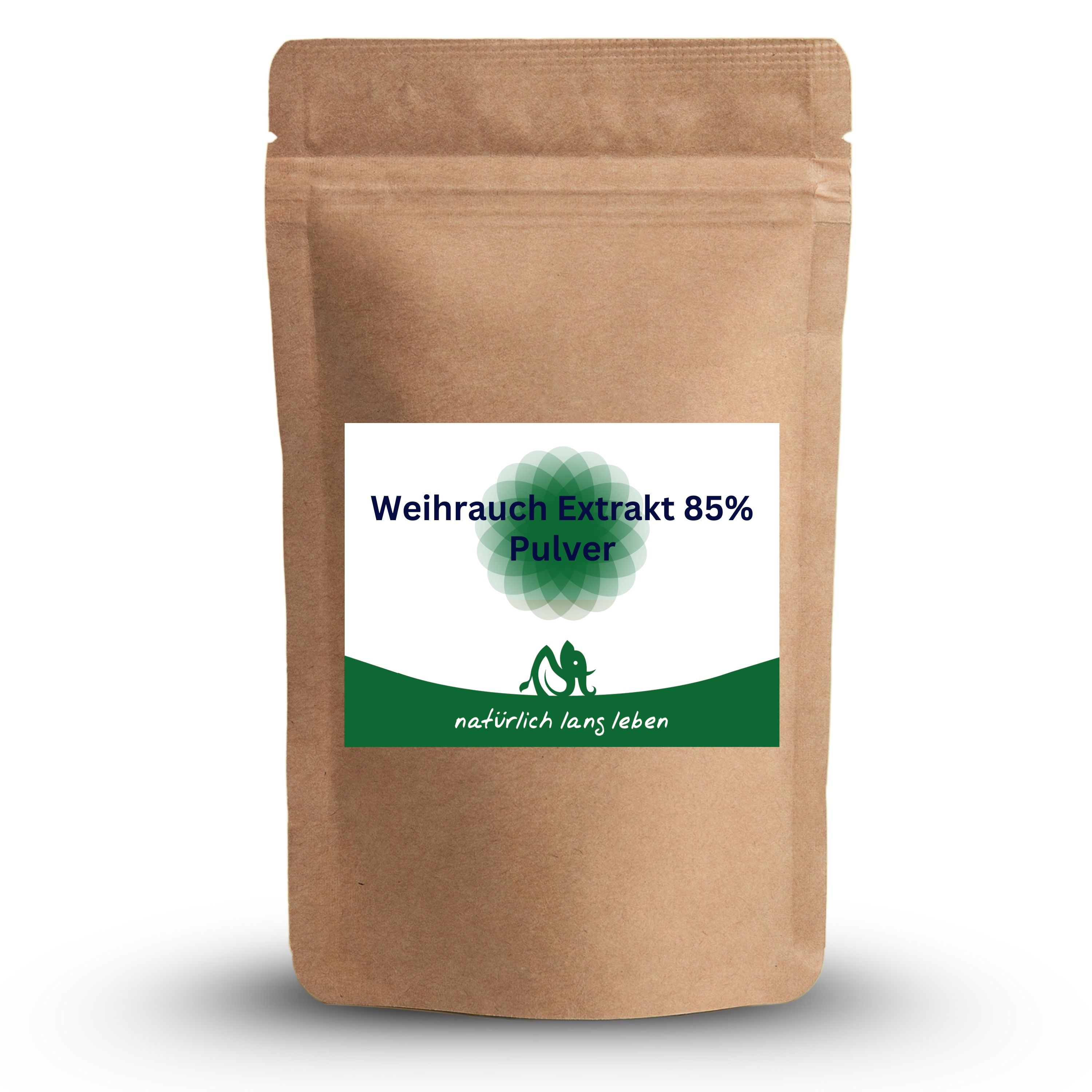 Braune Tüte mit weißem Etikett. Aufschrift: Weihrauch Extrakt 85% Pulver. Logo: natürlich lang leben.