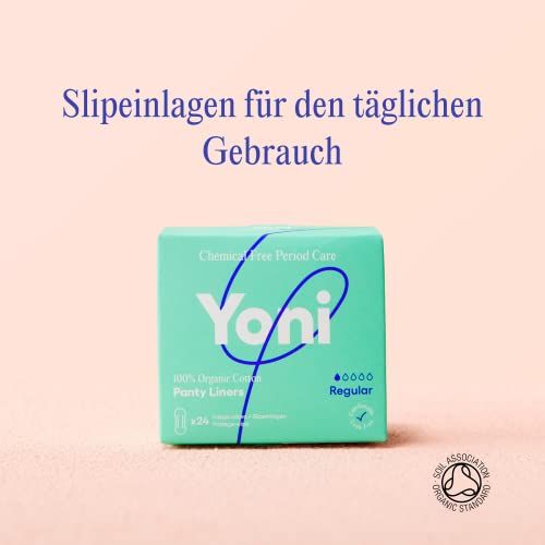 Grüne Yoni-Verpackung. Aufschrift: Chemical Free Period Care, Panty Liners, Regular, 100% Organic Cotton.