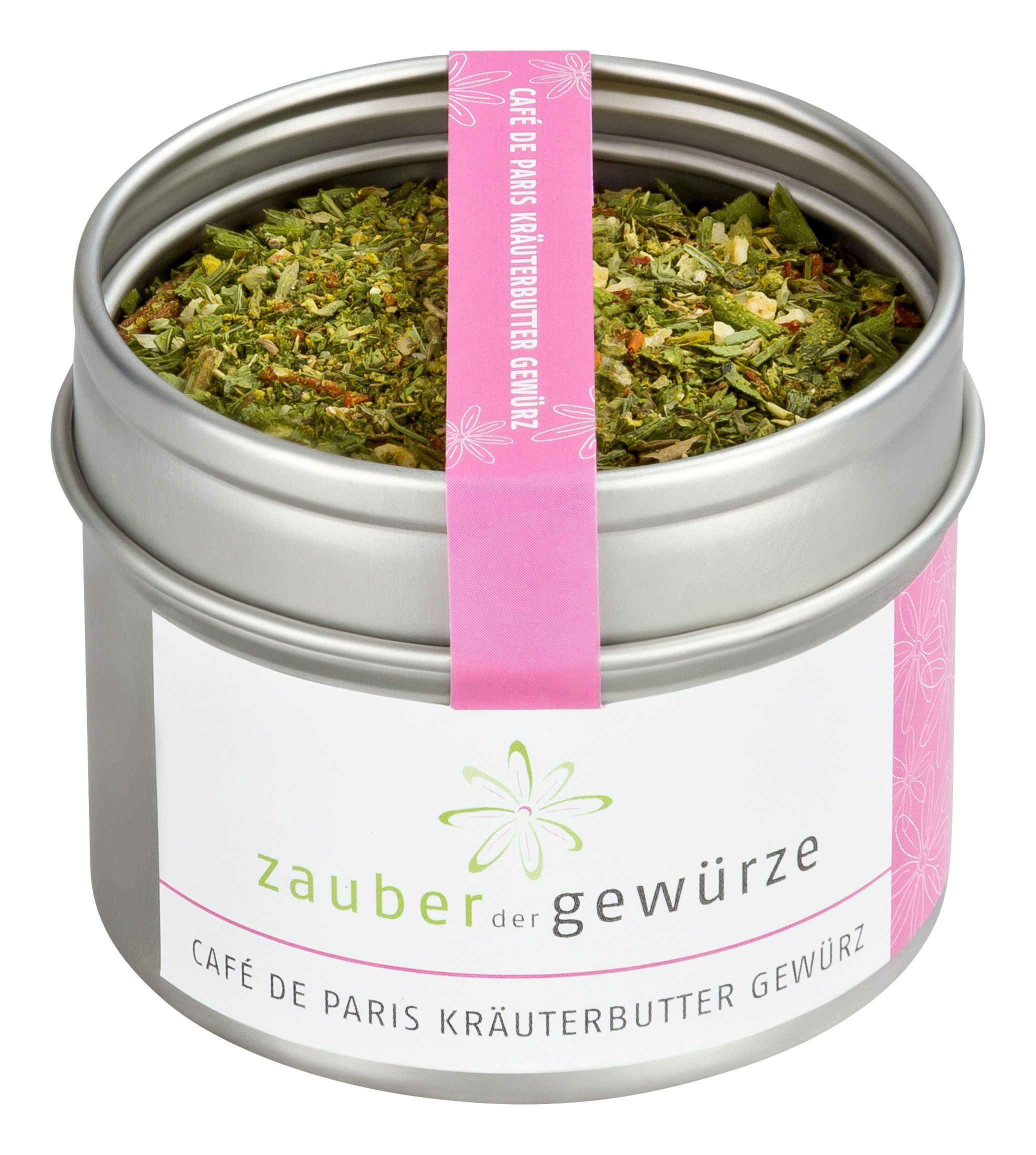 Metallbehälter mit Kräutermischung. Rosa Band mit Text. Aufschrift: Zauber der Gewürze Café de Paris Kräuterbutter Gewürz.