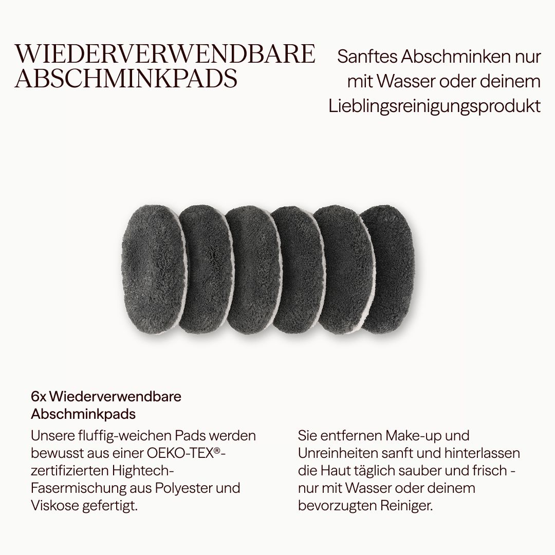 Sechs wiederverwendbare Abschminkpads. Text: Oeko-Tex zertifiziert, aus Polyester und Viskose.
