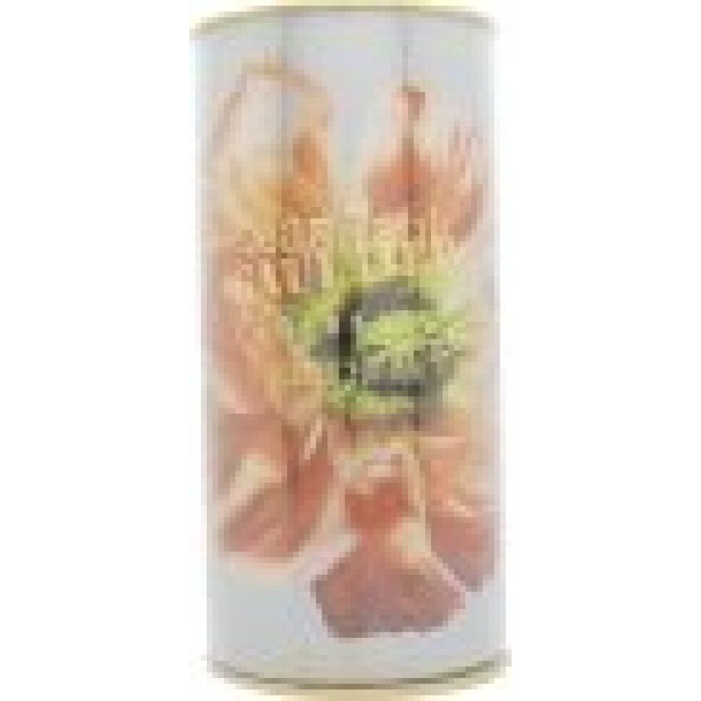 Zylindrische Verpackung mit Blumenmotiv und Schriftzug. Goldfarbener Rand. Aufdruck mit Produktnamen.