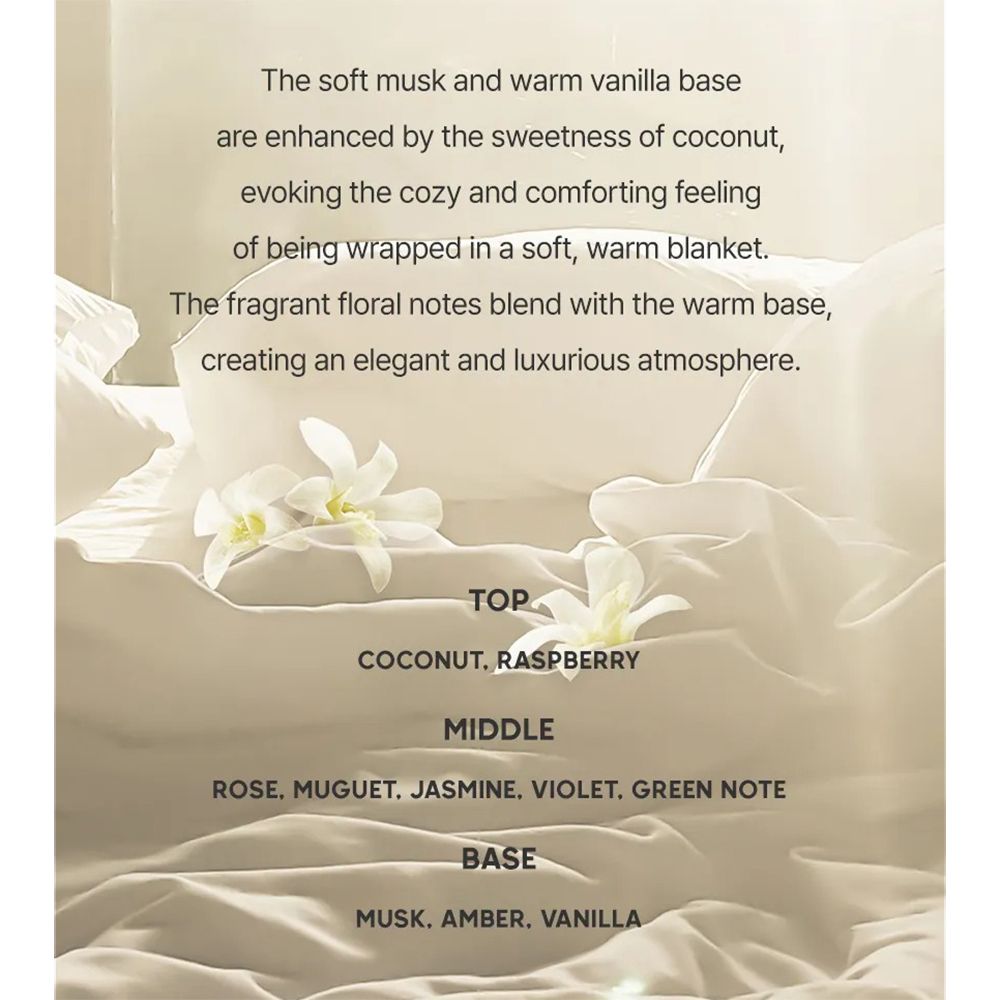Text: Duftnoten. Kokosnuss, Himbeere, Rose, Jasmin, Vanille. Beschreibt die Duftkomposition.