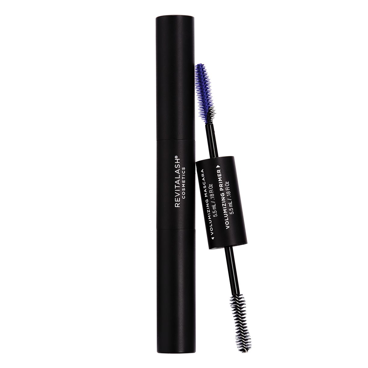 Doppelseitige Mascara und Primer in Schwarz. Blaue Bürste für Primer, schwarze für Mascara.