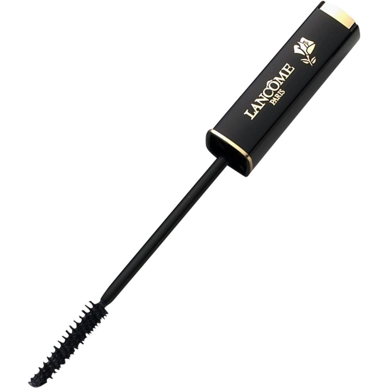 Schwarze Mascarabürste mit schwarzem Griff. Aufschrift: Lancôme Paris. Goldene Akzente.