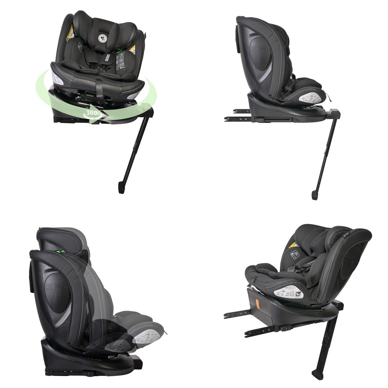 Schwarzer Kindersitz mit 5-Punkt-Gurt und drehbarer Basis.