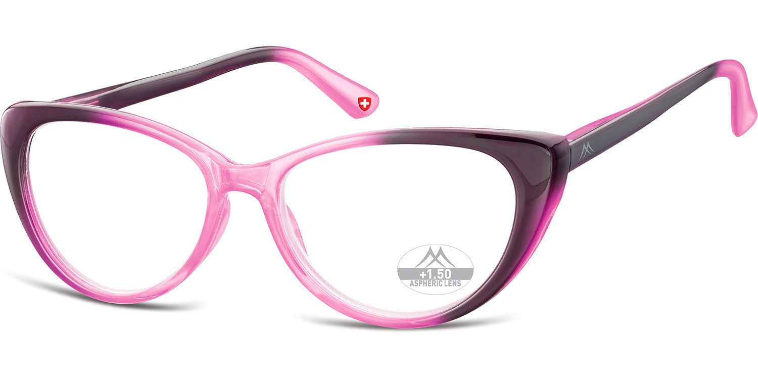 Brille mit rosafarbenem Rahmen und Gläsern. Logo und Schweizer Kreuz sichtbar.