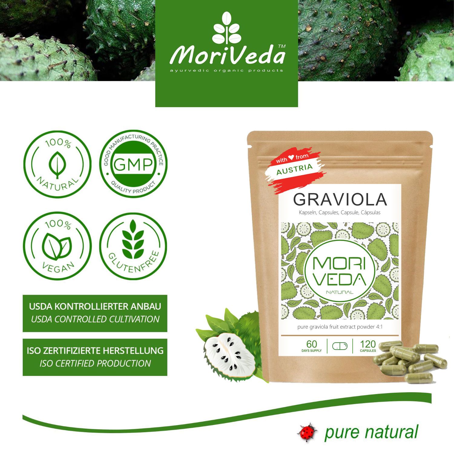 Braune Tüte mit Graviola-Kapseln, daneben Kapseln. Logos: natürlich, vegan, GMP, glutenfrei. Mit Österreich-Flagge.
