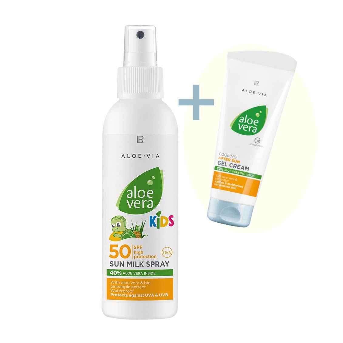 Sonnenschutzspray und After Sun Gel Cream. Beide Produkte sind weiß mit grünen und orangen Akzenten. Aufschrift: Aloe Vera Kids, LSF 50.