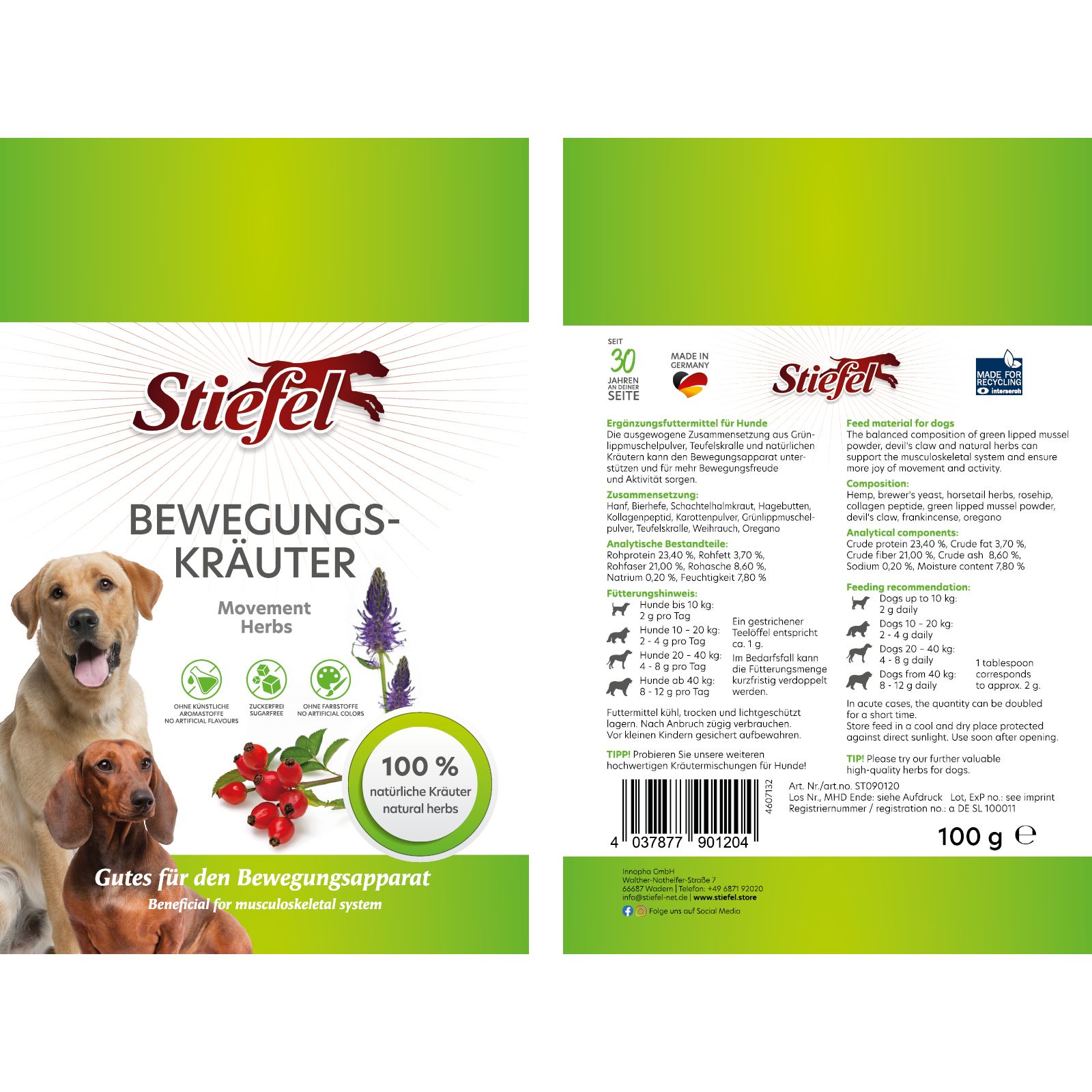 Verpackung von Stiefel Bewegungskräuter. Grün-weißes Design mit Produktbildern, Logo und Text. Enthält 100g. Text in Deutsch und Englisch.