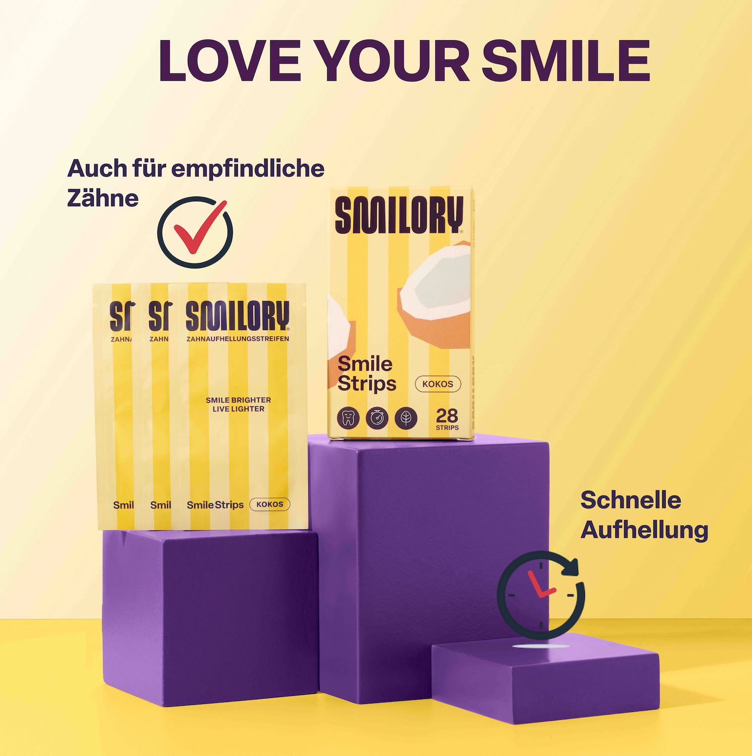 Smilory Smile Strips Kokos-Zahnaufhellungsstreifen. Auf violetten Podesten. Text: Auch für empfindliche Zähne. Schnelle Aufhellung.