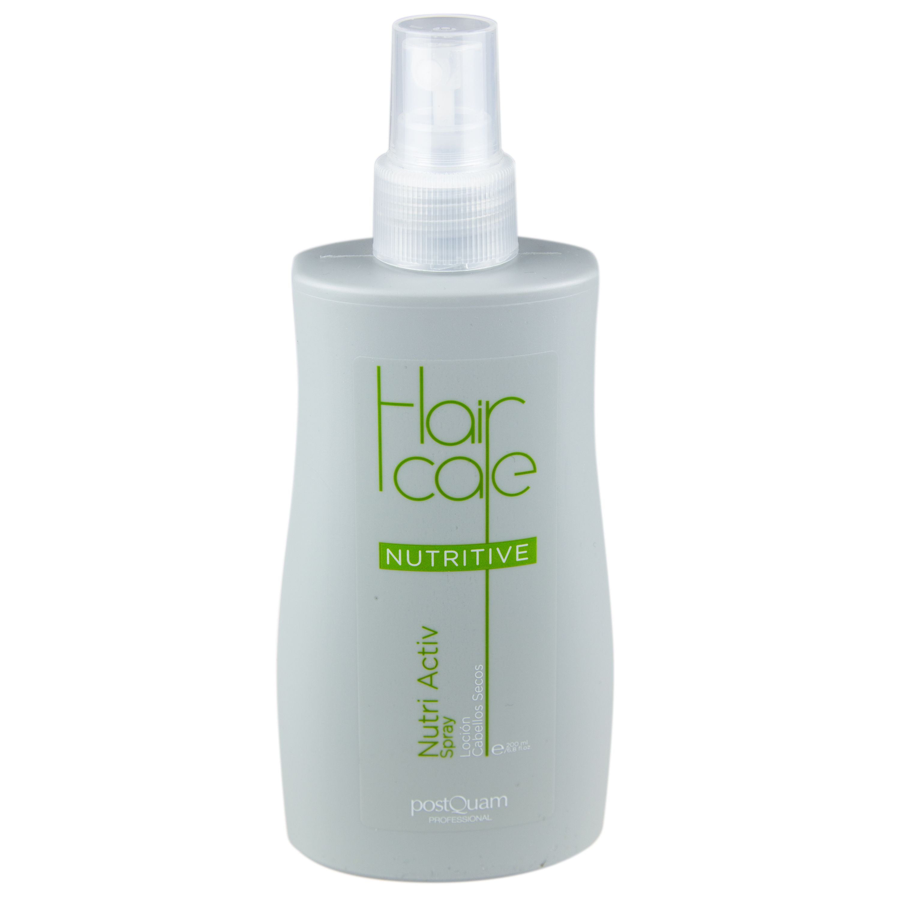 Graue Sprühflasche mit weißem Sprühkopf. Aufschrift: Hair Care Nutritive Spray, Postquam.
