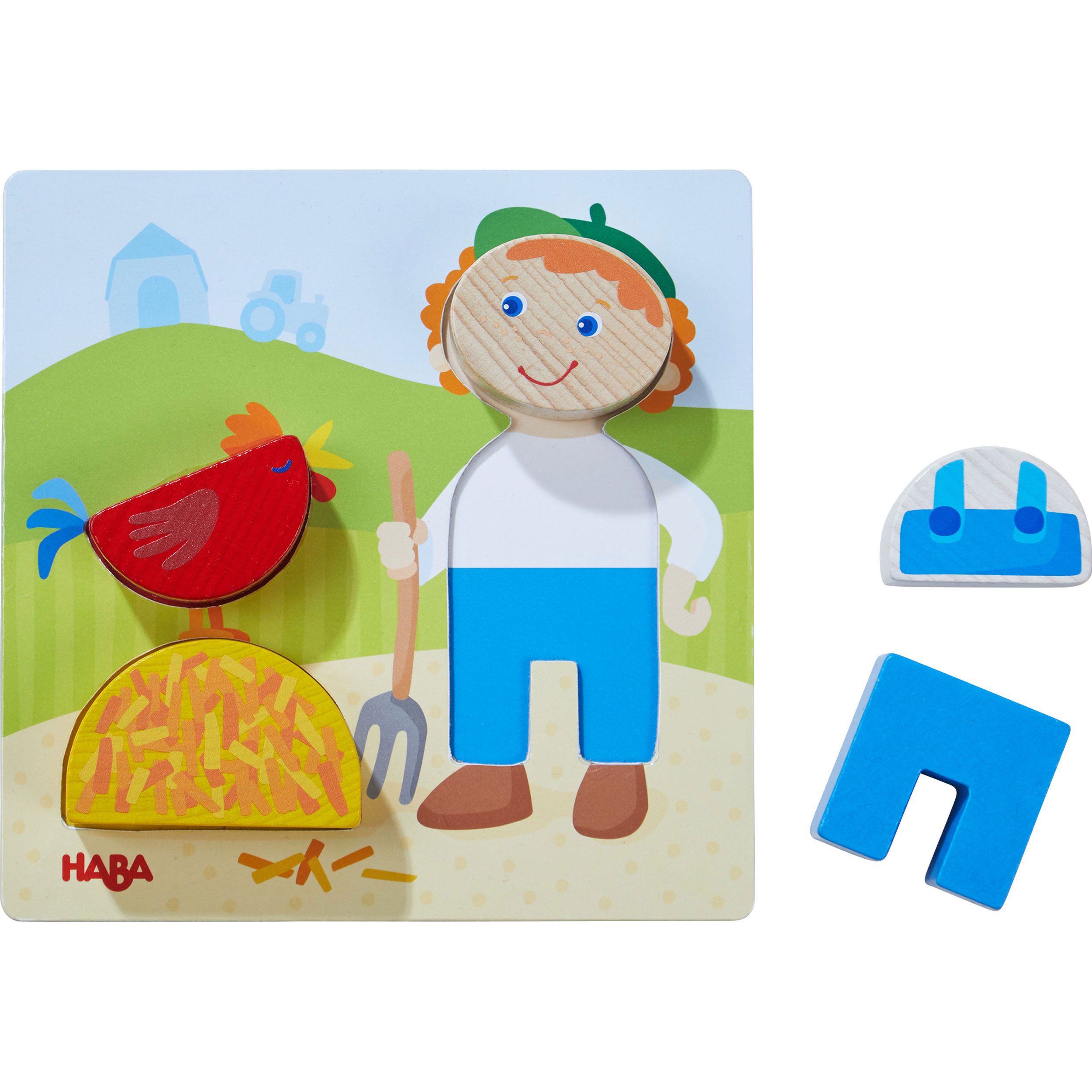 Puzzle mit Bauer-Motiv. Bauer mit Heugabel, rotes Huhn. HABA-Logo. Holzspielzeug.