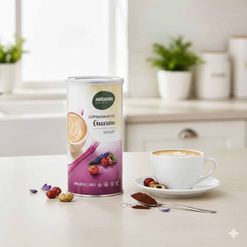Naturata Lupinenkaffee mit Guarana Instant in einer Dose, daneben eine Tasse Kaffee und Löffel mit Pulver.
