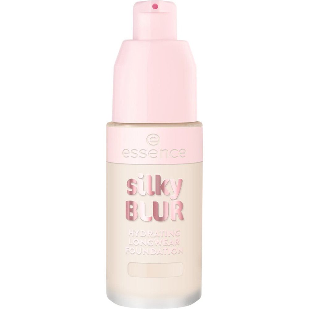 Foundation-Flasche mit rosa Deckel und Pumpe. Aufschrift: Silky Blur, Hydrating Longwear Foundation. Marke: Essence.