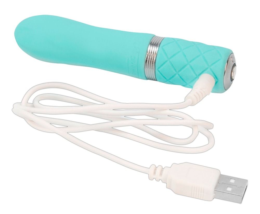 Türkisfarbener Vibrator mit USB-Ladekabel. Silberner Ring und rautenförmiges Muster am Griff.