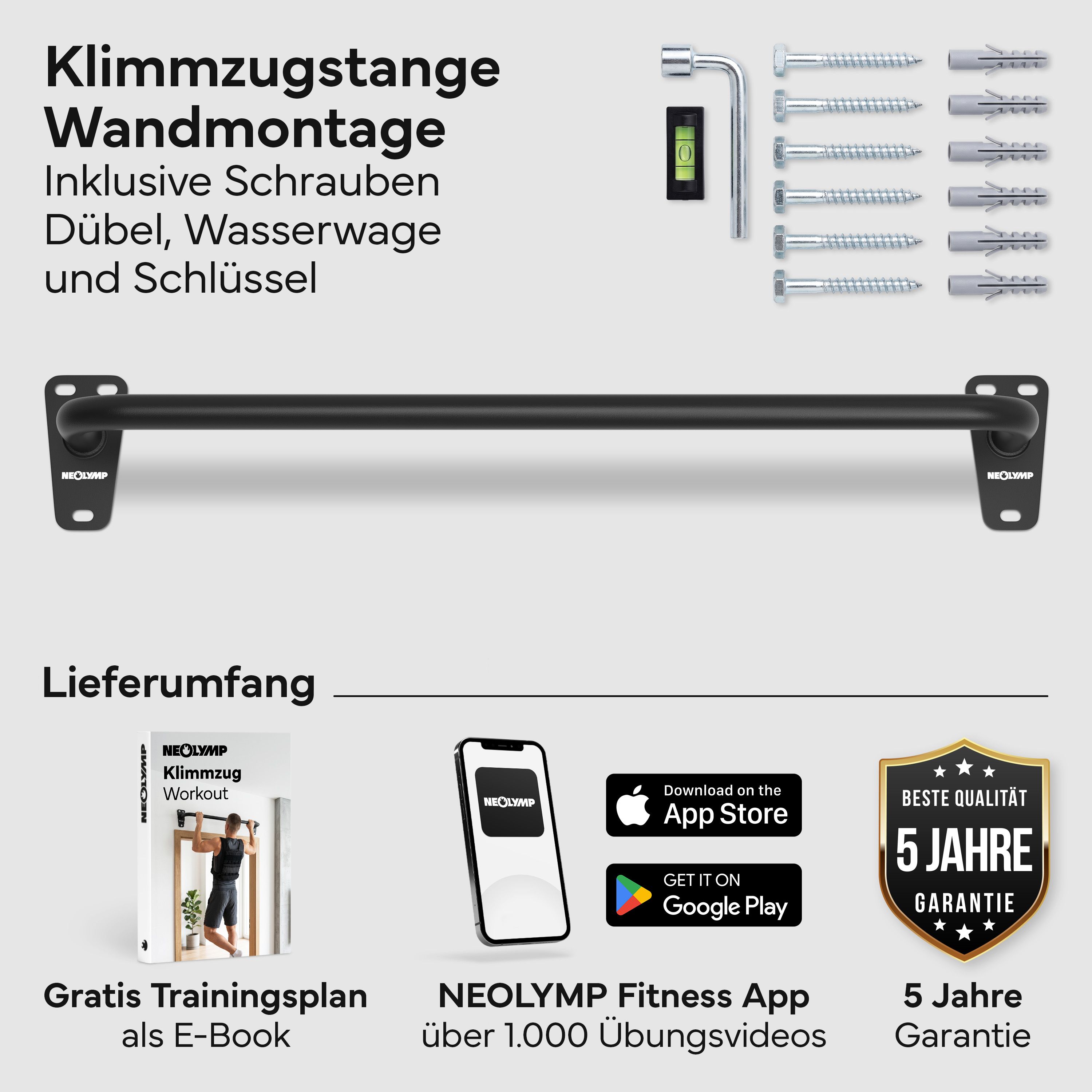 Schwarze Klimmzugstange zur Wandmontage mit Schrauben, Dübeln, Wasserwaage und Schlüssel. Inklusive E-Book und App-Hinweis.