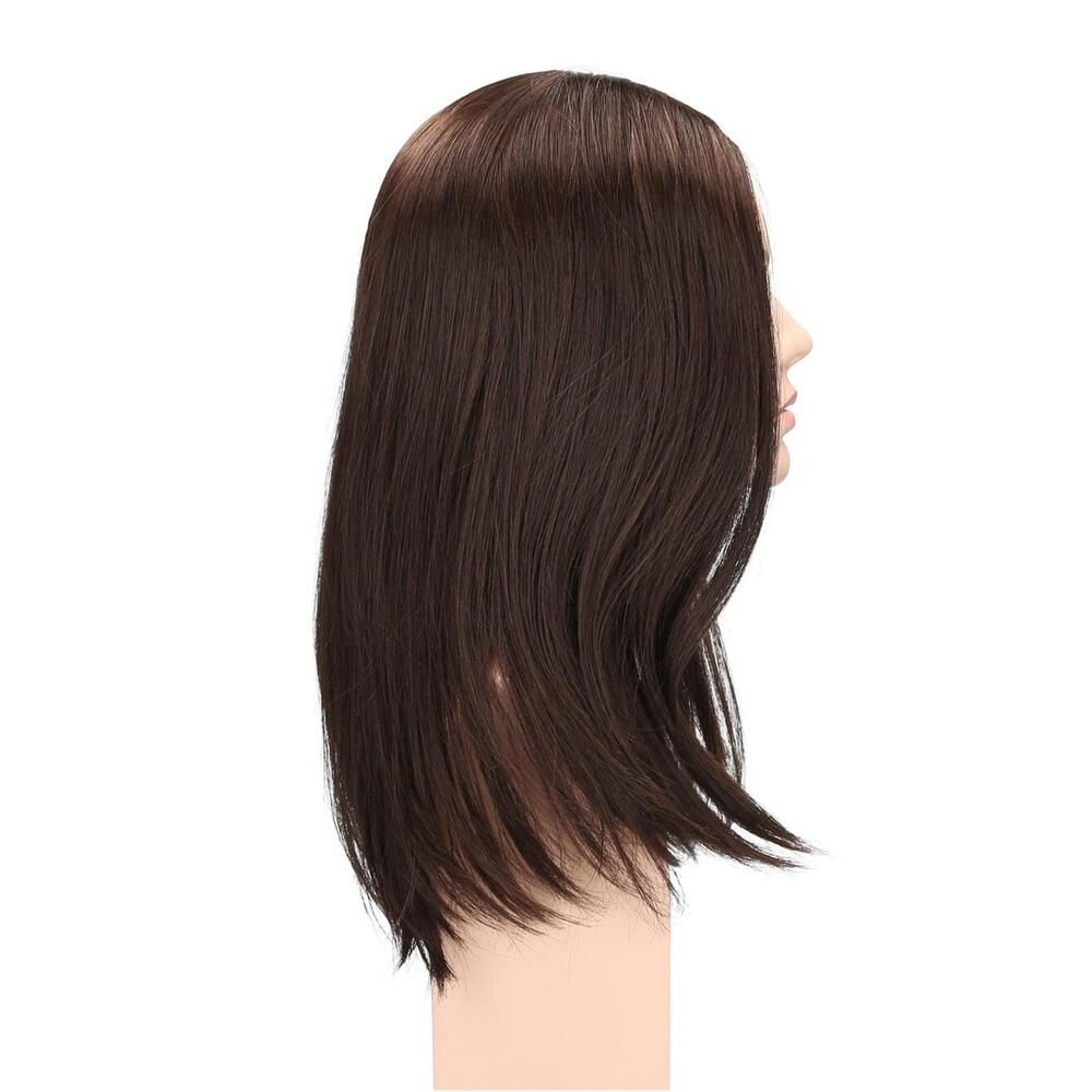 Perücke Filippa von trendhair. Dunkelbraunes Haar, schulterlang, auf einem Schaufensterkopf. Seitenansicht.