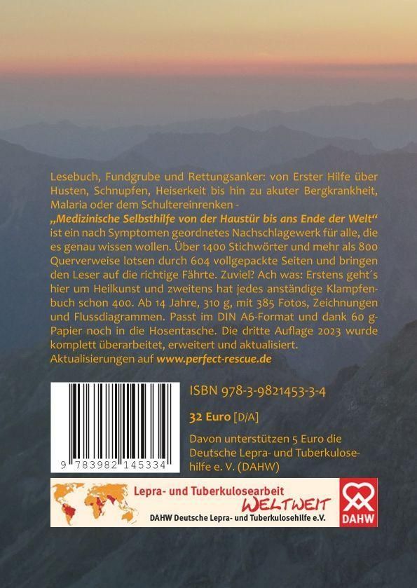 Rückseite des Buches: Medizinische Selbsthilfe von der Haustür bis ans Ende der Welt. ISBN, Barcode, Logo der Lepra- und Tuberkulosehilfe.