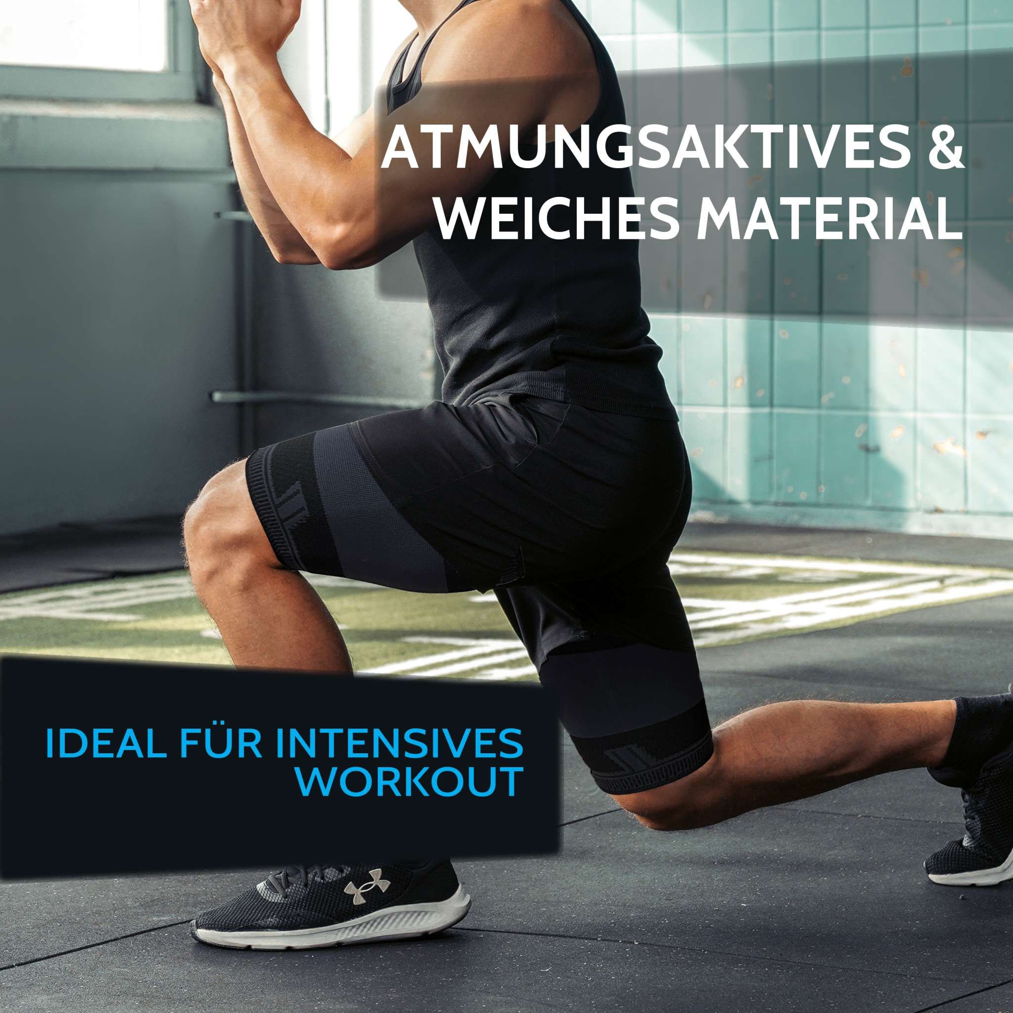 Mann beim Training mit Oberschenkelbandage. Text: Atmungsaktives & weiches Material. Ideal für intensives Workout.