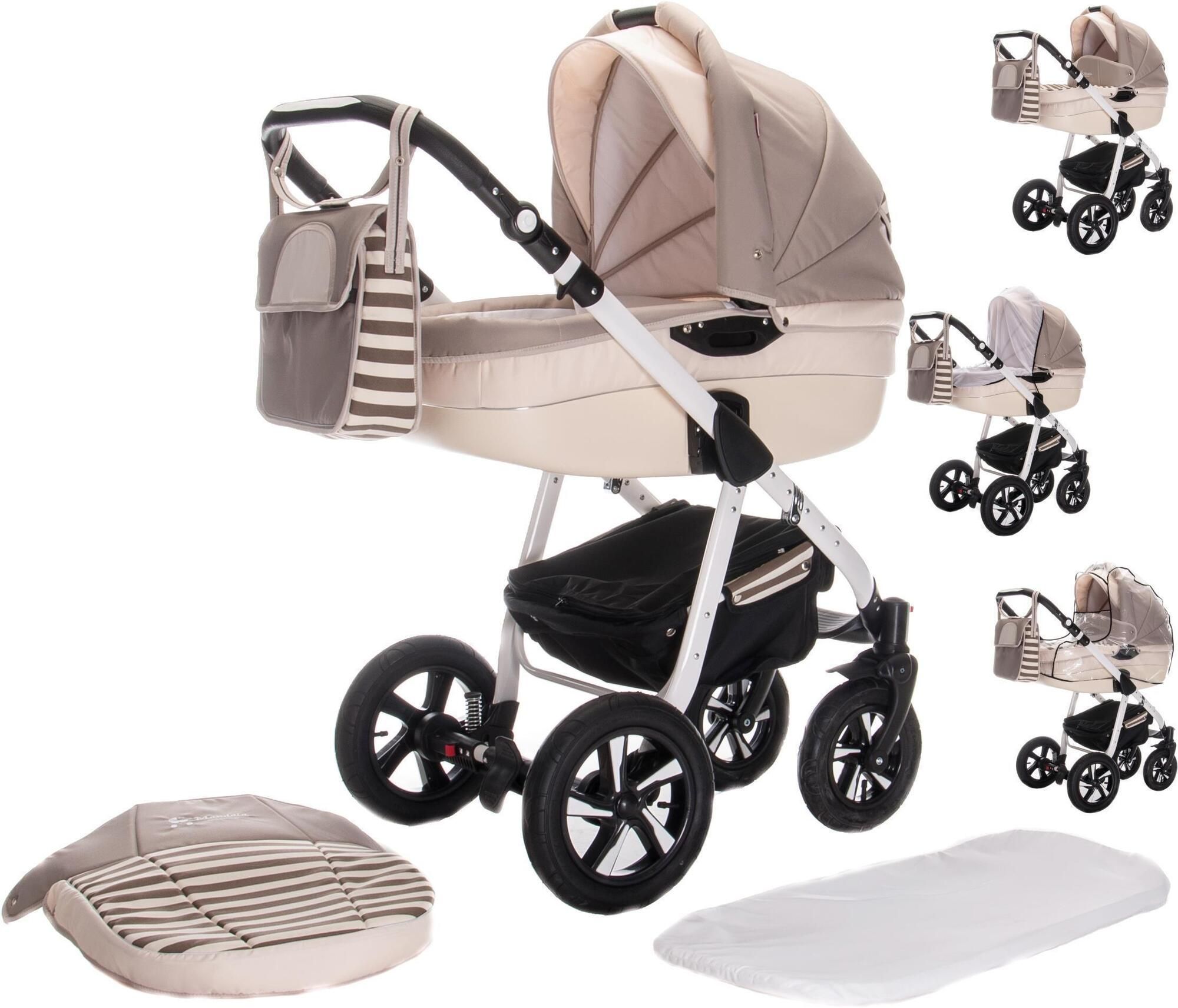 Kinderwagen-Komplettset in Beige und Weiß. Enthält Babywanne, Sportwagenaufsatz, Babyschale, Wickeltasche und Zubehör.