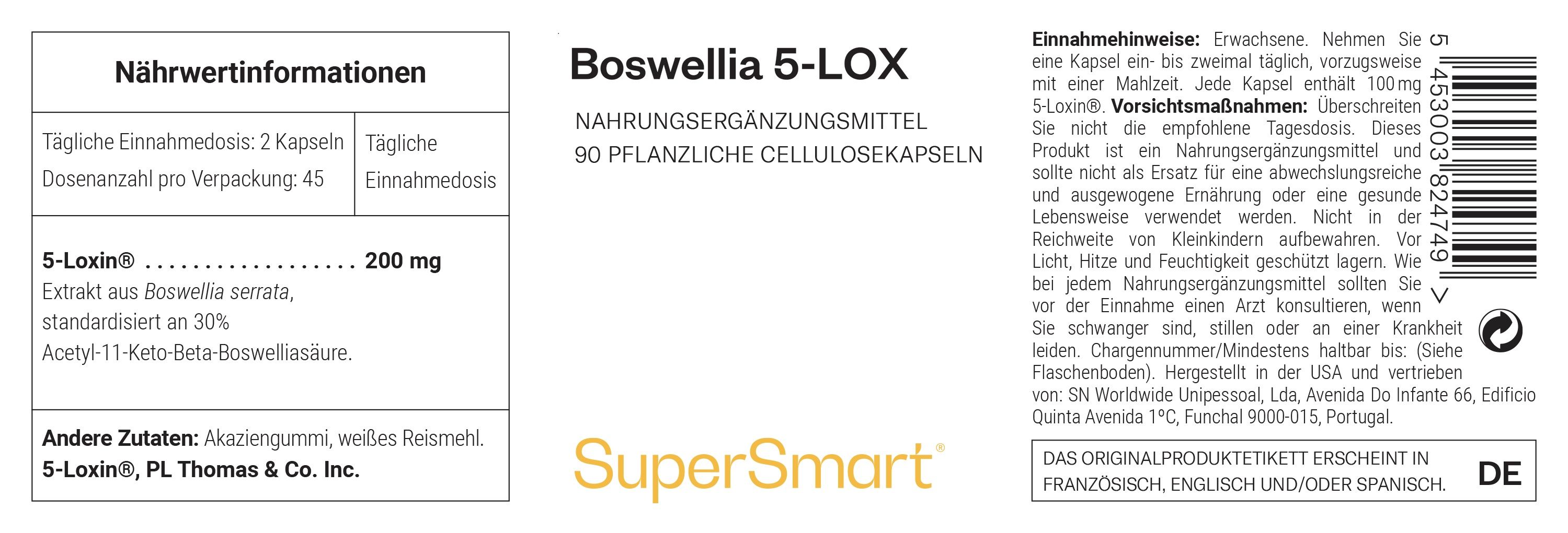 Etikett mit Produktinformationen. Boswellia 5-LOX, Nahrungsergänzungsmittel, 90 pflanzliche Zellulosekapseln. SuperSmart Logo. Text in Deutsch.
