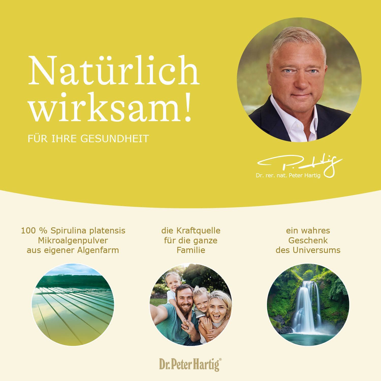 Gelber Hintergrund mit Text und Bildern. Text: Natürlich wirksam! Für Ihre Gesundheit. Logo: Dr. Peter Hartig.
