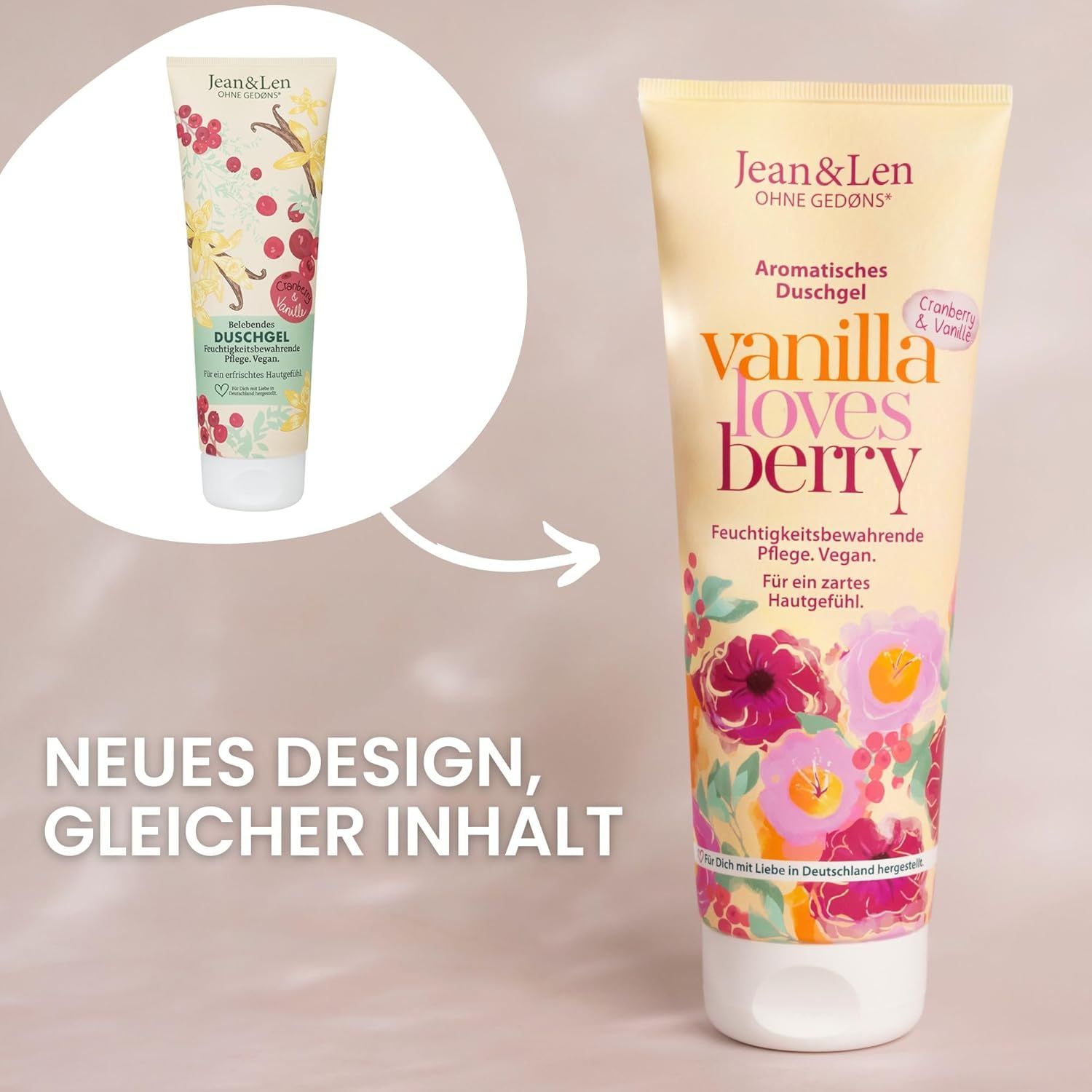 Tube mit Duschgel, Text: Aromatisches Duschgel, Vanilla loves Berry. Neues Design, gleicher Inhalt. Vergleich mit altem Design.