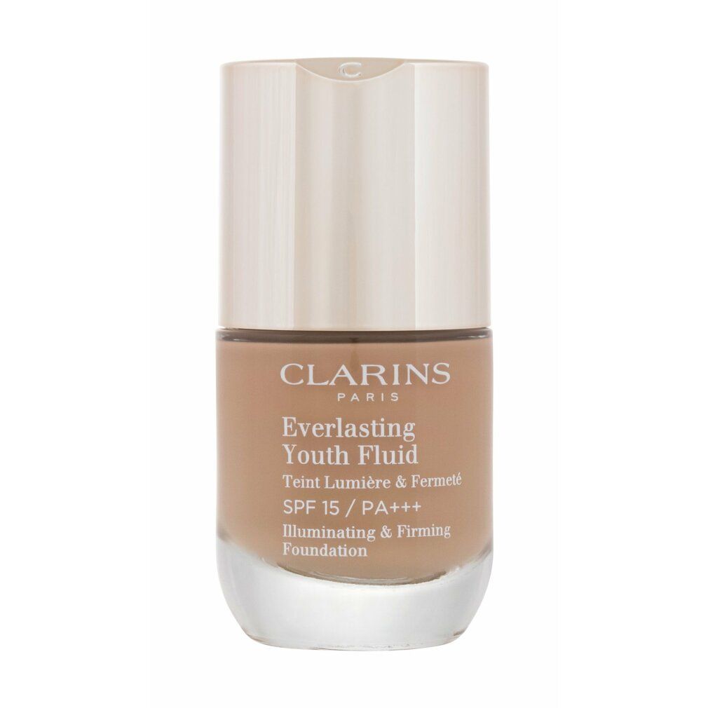 Clarins Everlasting Youth Fluid SPF 15. Flasche mit hellem Deckel und beiger Flüssigkeit. Text: Illuminating & Firming Foundation.