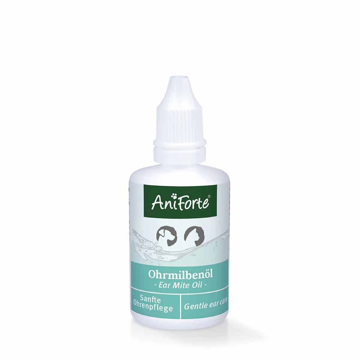 Weiße Flasche mit Tropfverschluss. Aufschrift: AniForte, Ohrmilbenöl - Ear Mite Oil - Sanfte Ohrenpflege - Gentle ear care.