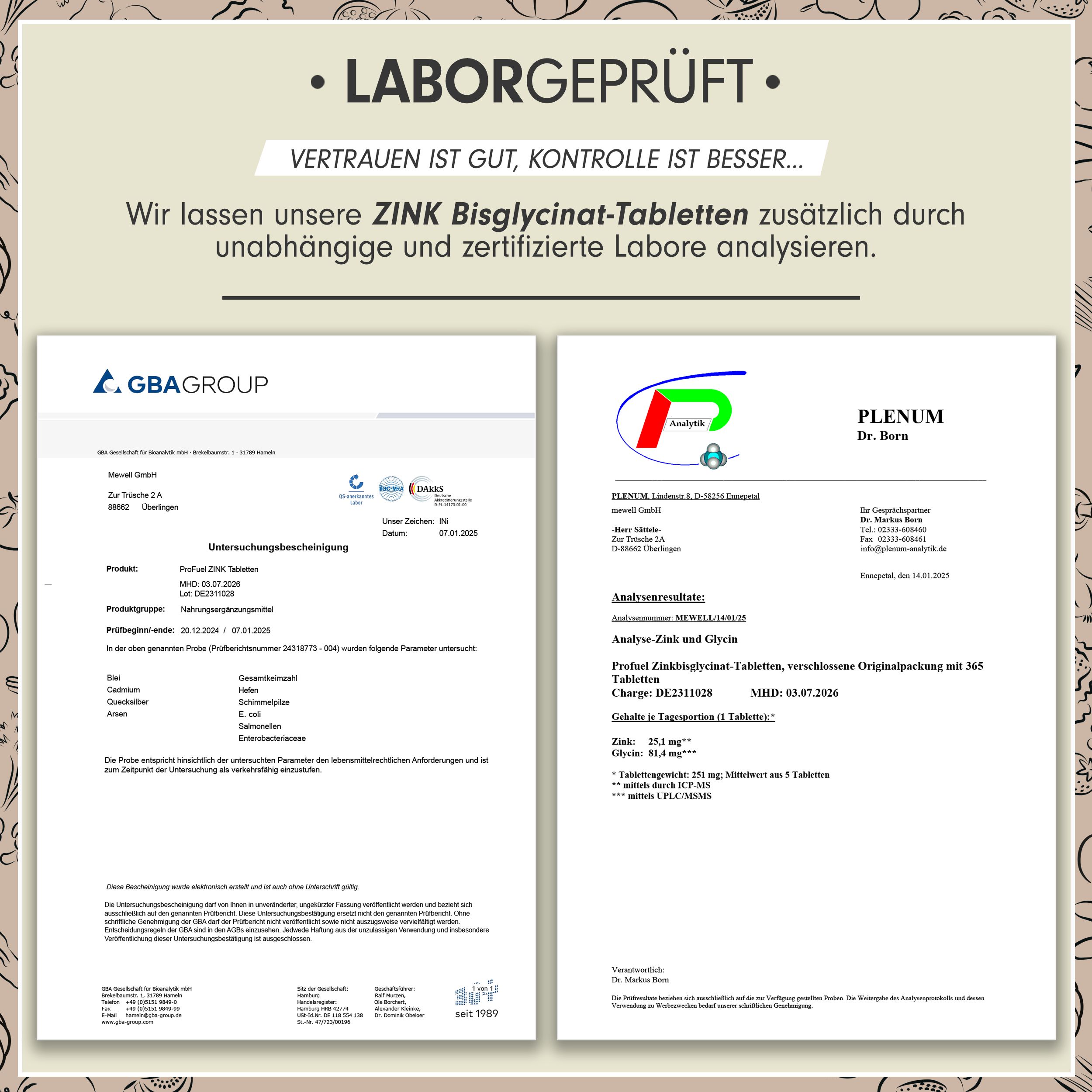 Zwei Laborzertifikate für "ZINK Bisglycinat" Tabletten. Analyseergebnisse von unabhängigen Laboren.