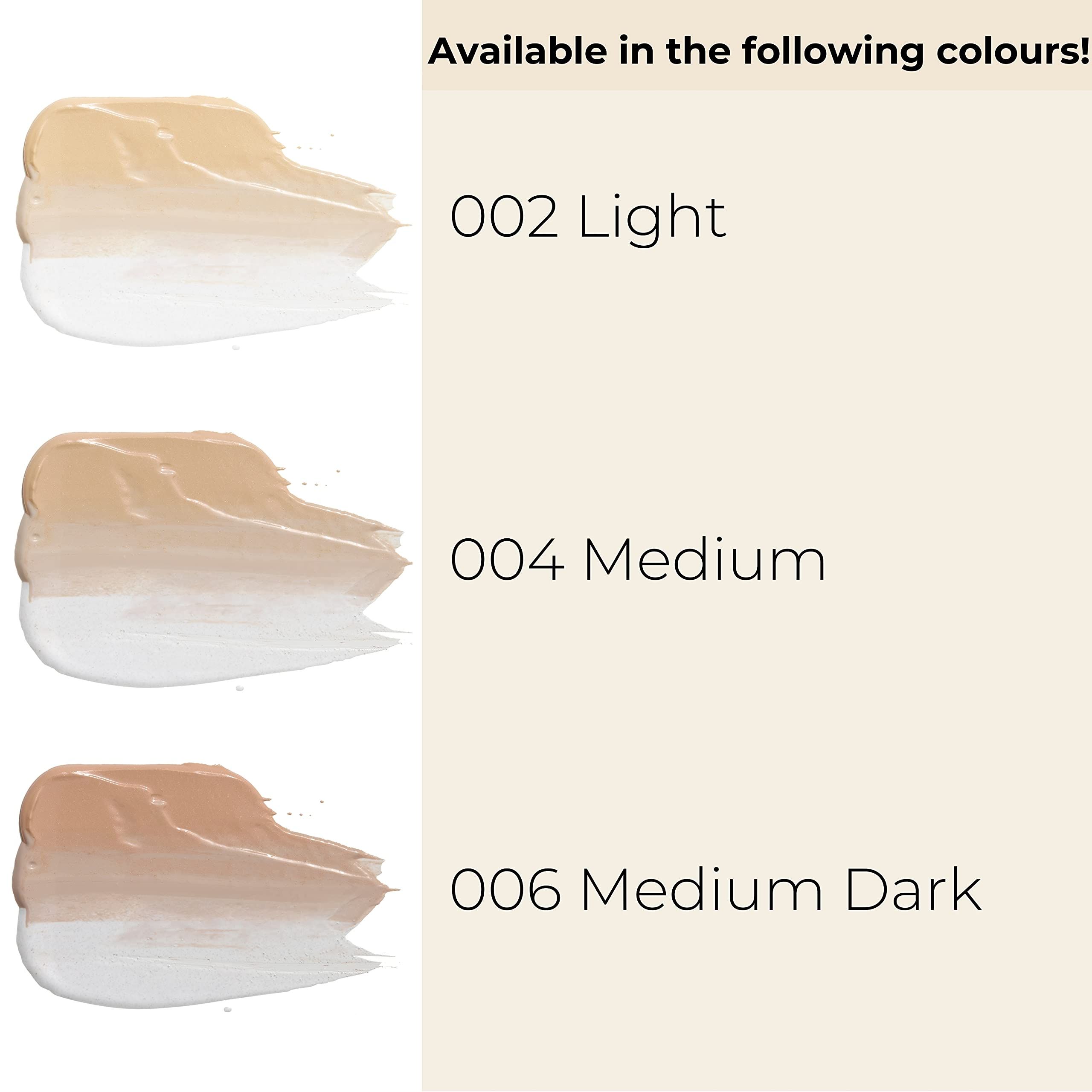 Foundation-Farben: 002 Light, 004 Medium, 006 Medium Dark. Farbproben auf weißem Hintergrund. Text: 'Available in the following colours!'