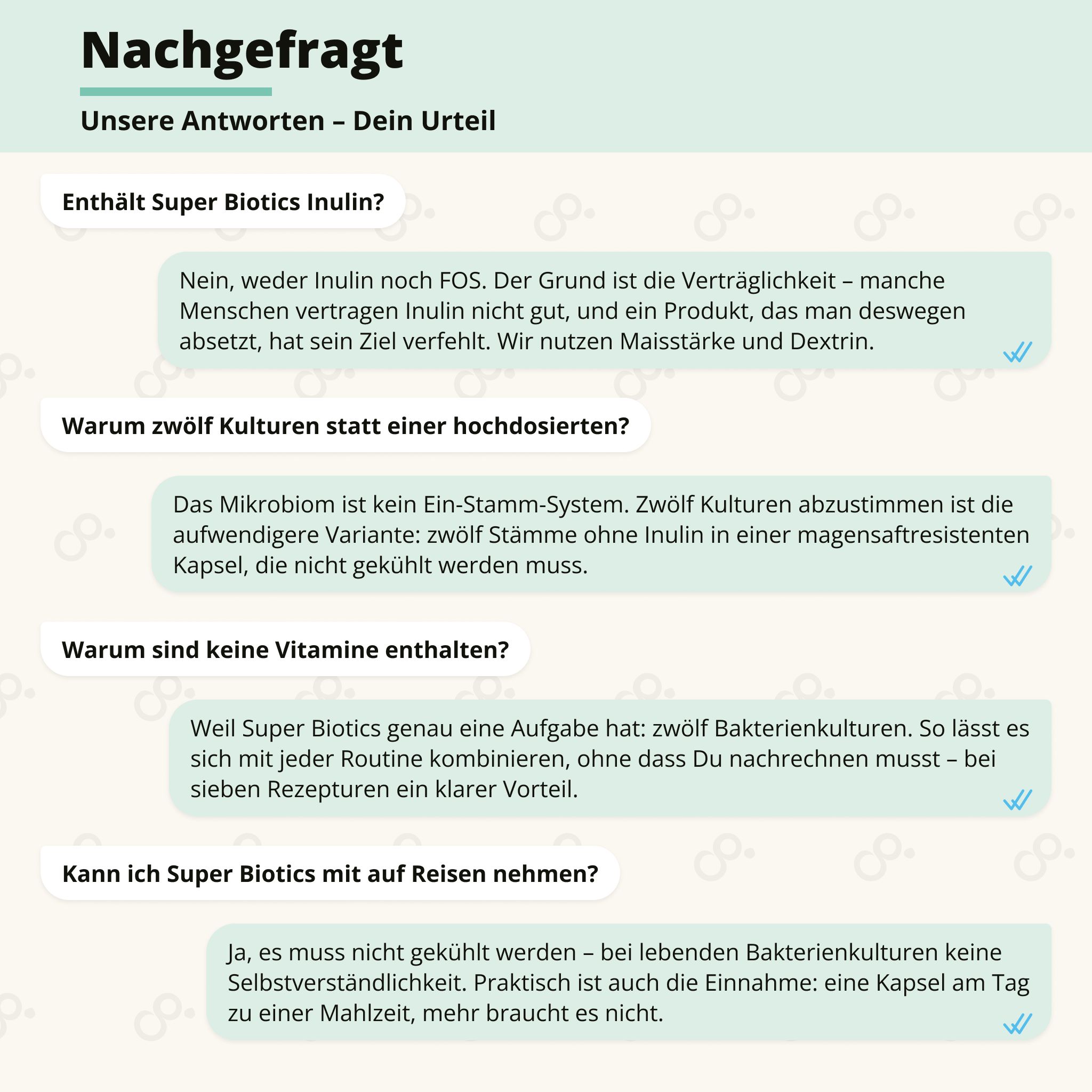 Frage-Antwort-Format über grenzenlos SUPER BIOTICS. Themen: Inulin, Bakterienkulturen, Vitamine, Reiseeinnahme. Klare, informative Antworten.