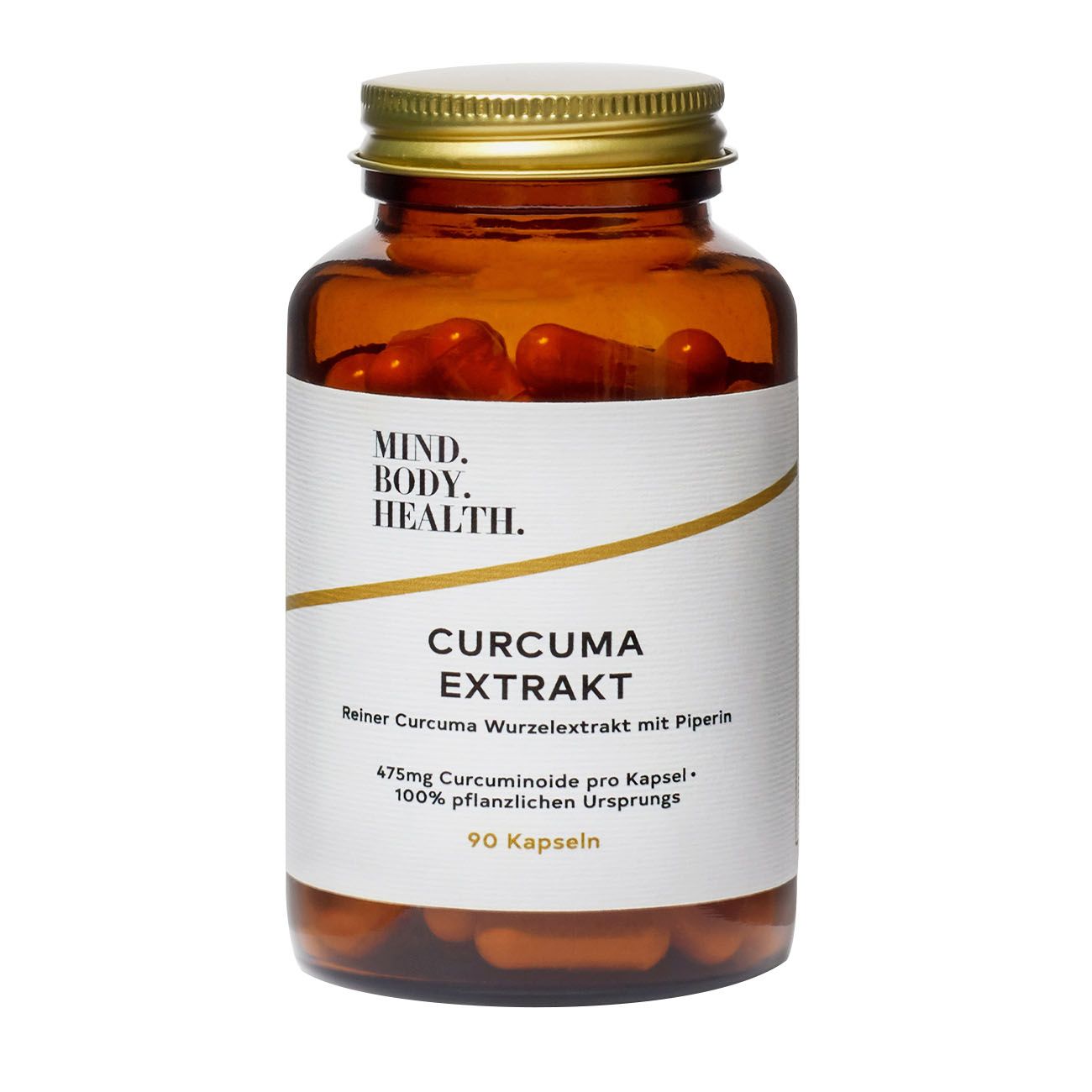 Braune Glasflasche mit Kapseln. Etikett mit "MIND.BODY. HEALTH.", "CURCUMA EXTRAKT" und Inhaltsangaben. Goldfarbener Deckel.
