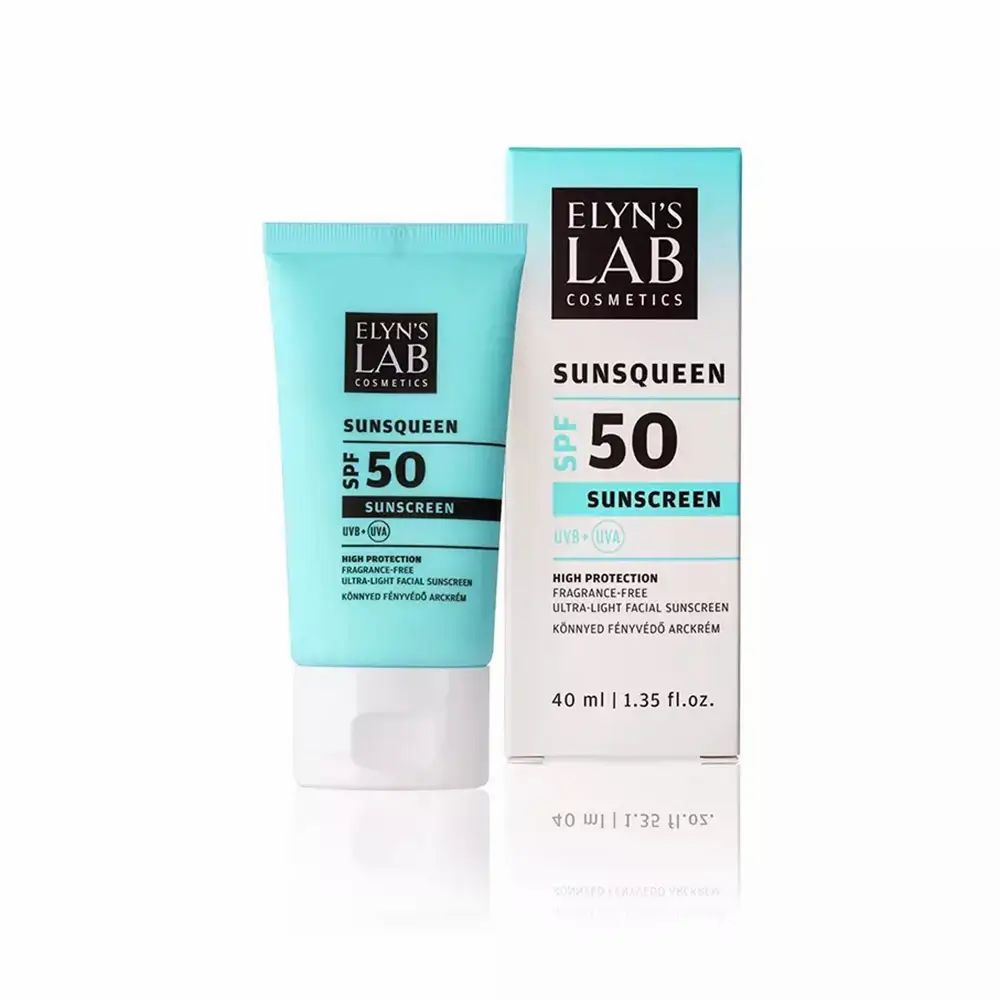 Türkisblaue Tube und Schachtel. Aufdruck: ELYN'S LAB, SUNSQUEEN SPF50, Sonnencreme. Text in Englisch und Ungarisch. 40 ml.
