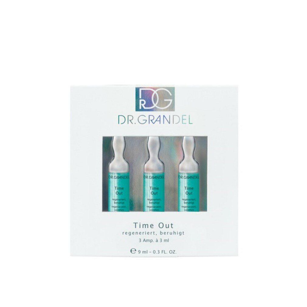 Verpackung mit drei Ampullen. Aufschrift: Dr. Grandel, Time Out, regeneriert, beruhigt. 3 Ampullen, 3 ml, 9 ml - 0.3 FL. OZ.